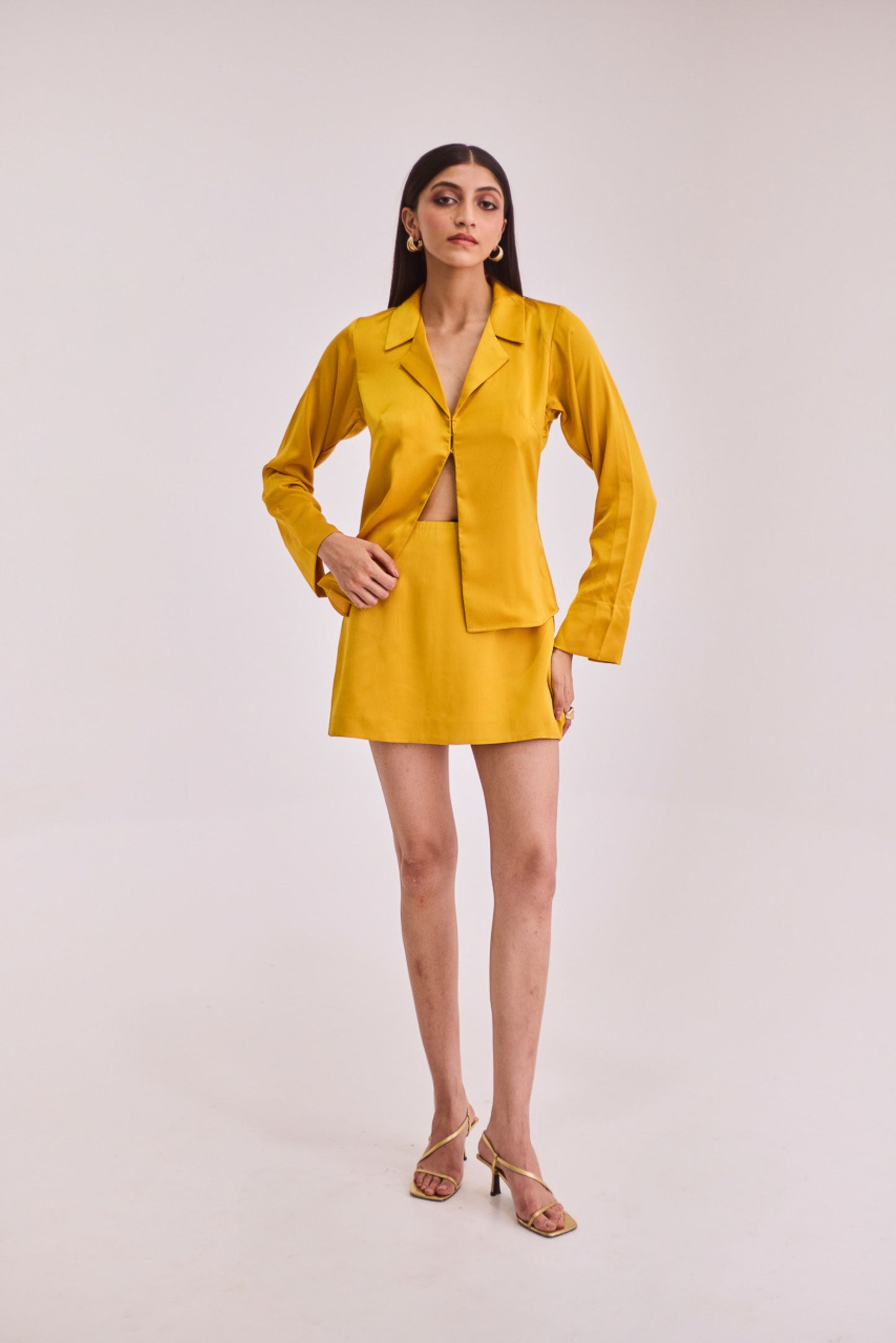Yellow Satin Shirt & Skort Set