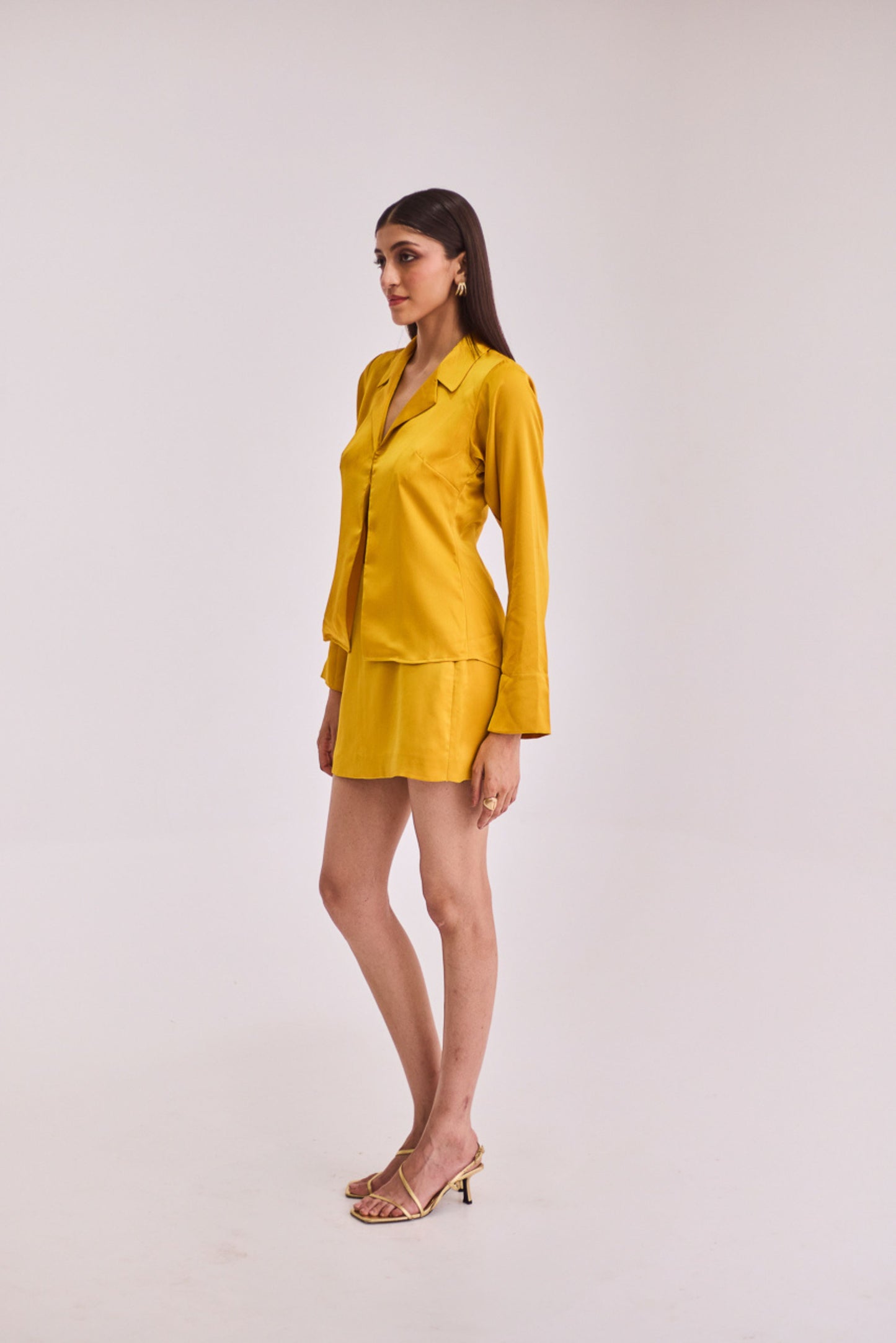 Yellow Satin Shirt & Skort Set