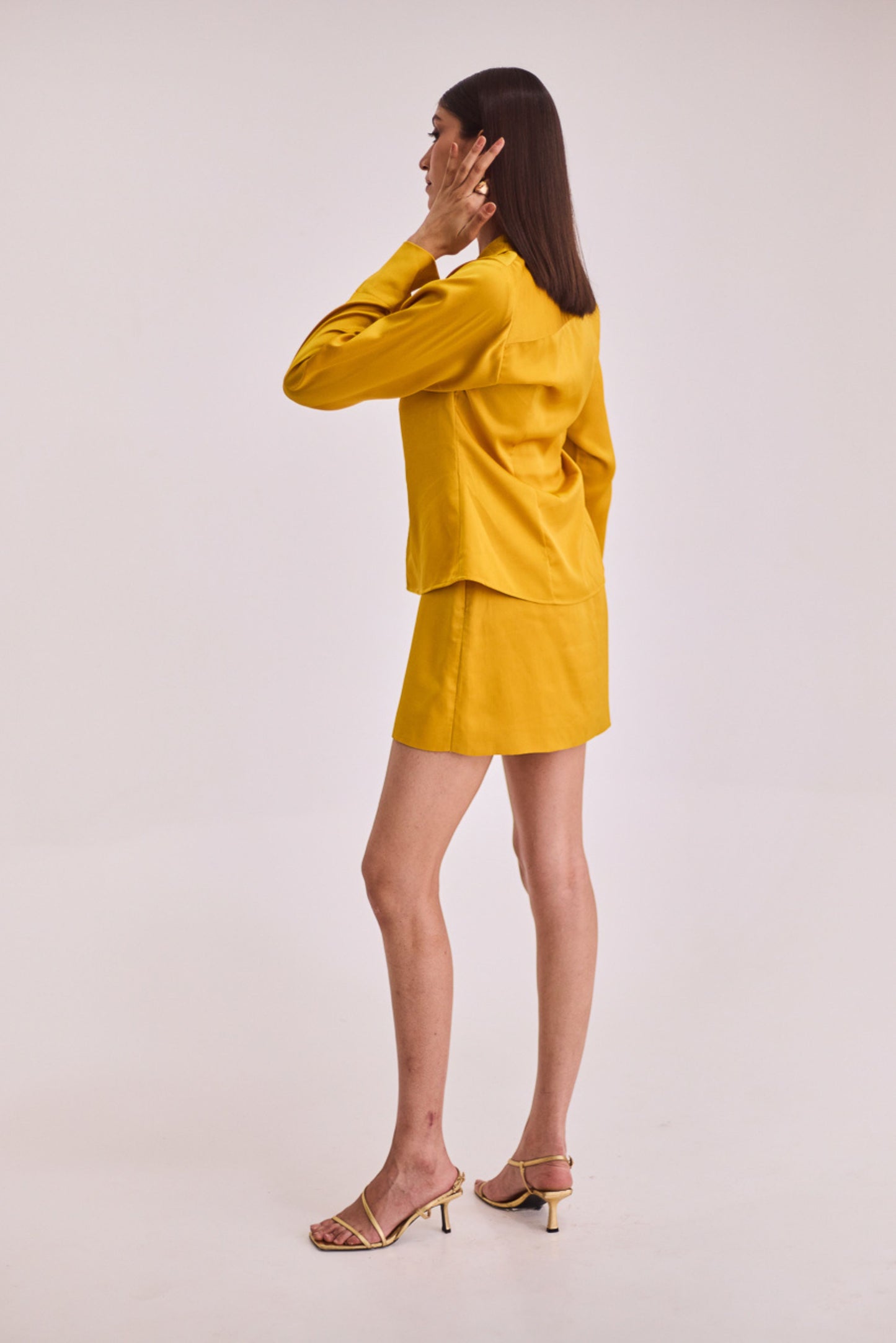 Yellow Satin Shirt & Skort Set
