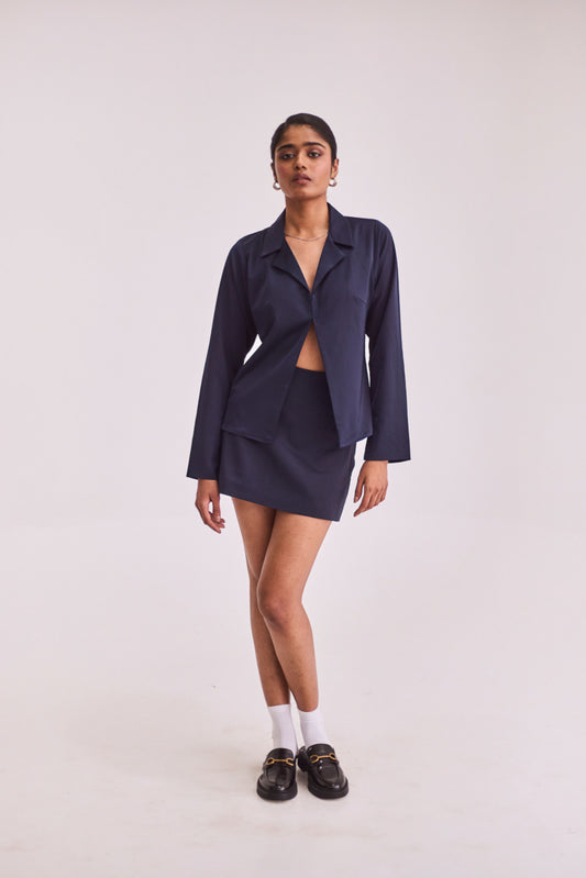 Navy Blue Satin Shirt & Skort Set