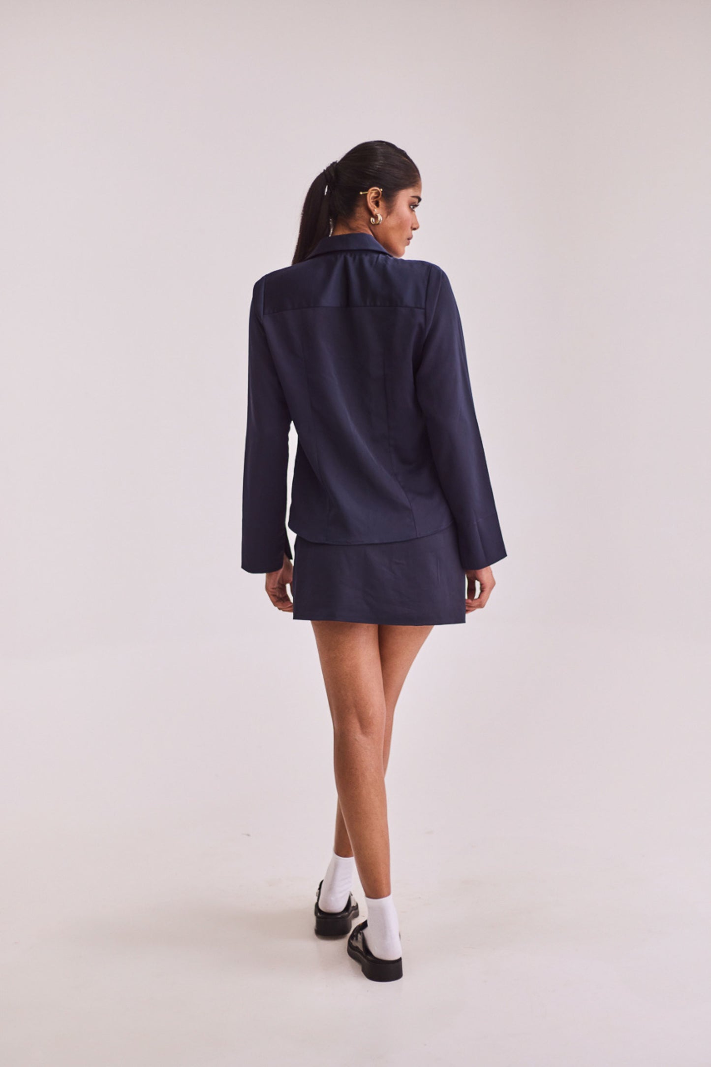 Navy Blue Satin Shirt & Skort Set