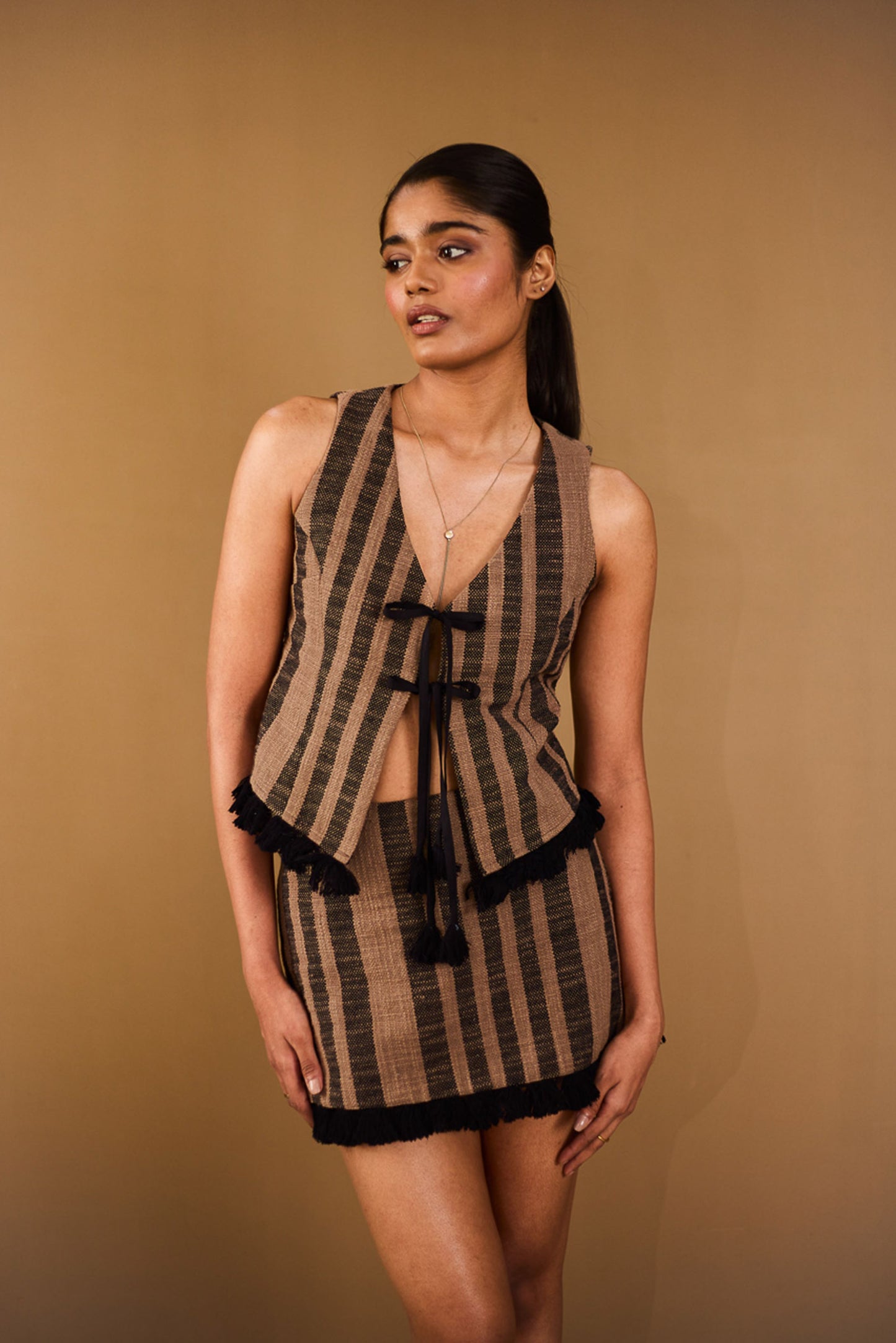 Brown Striped Vest & Skort Set