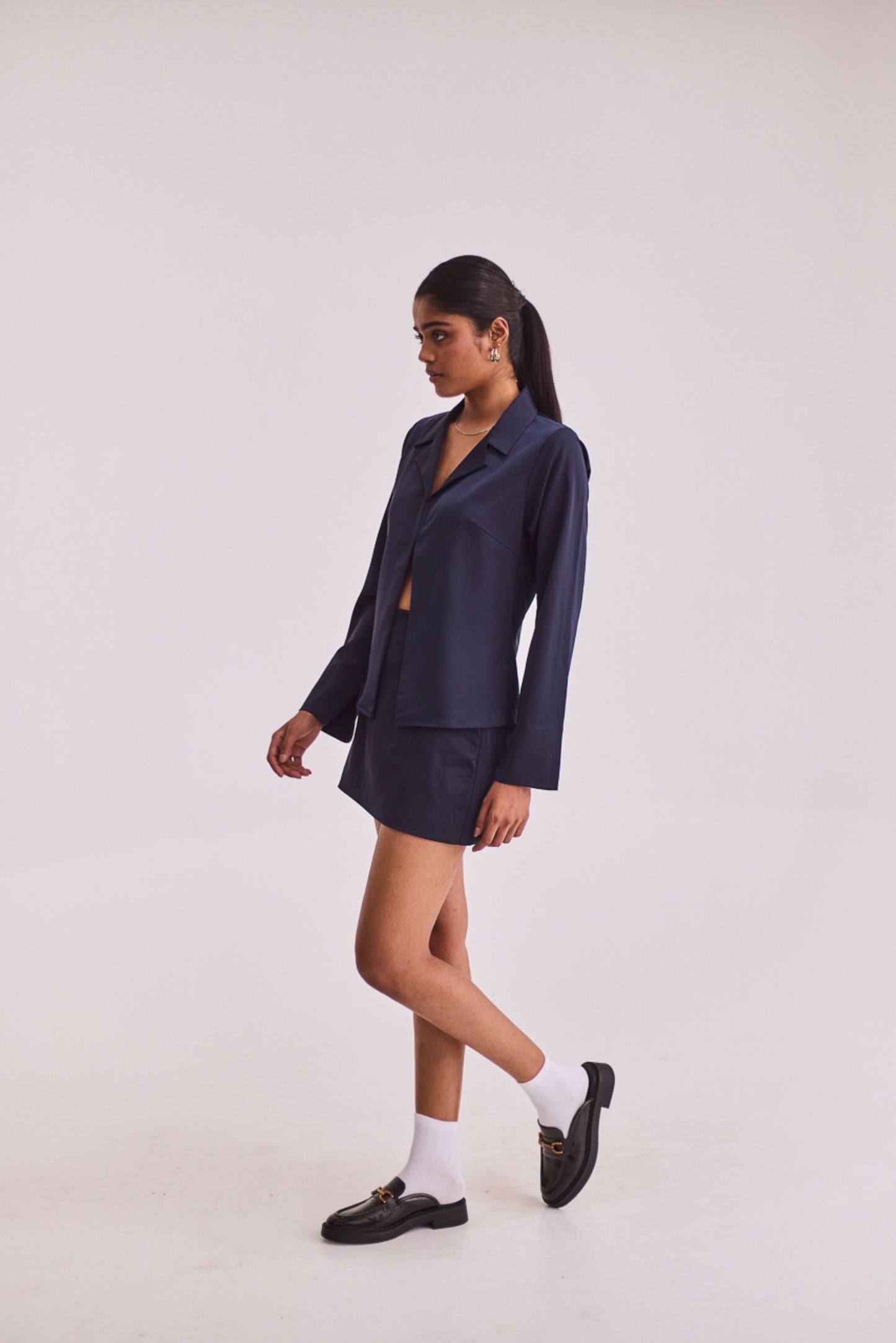 Navy Blue Satin Shirt & Skort Set