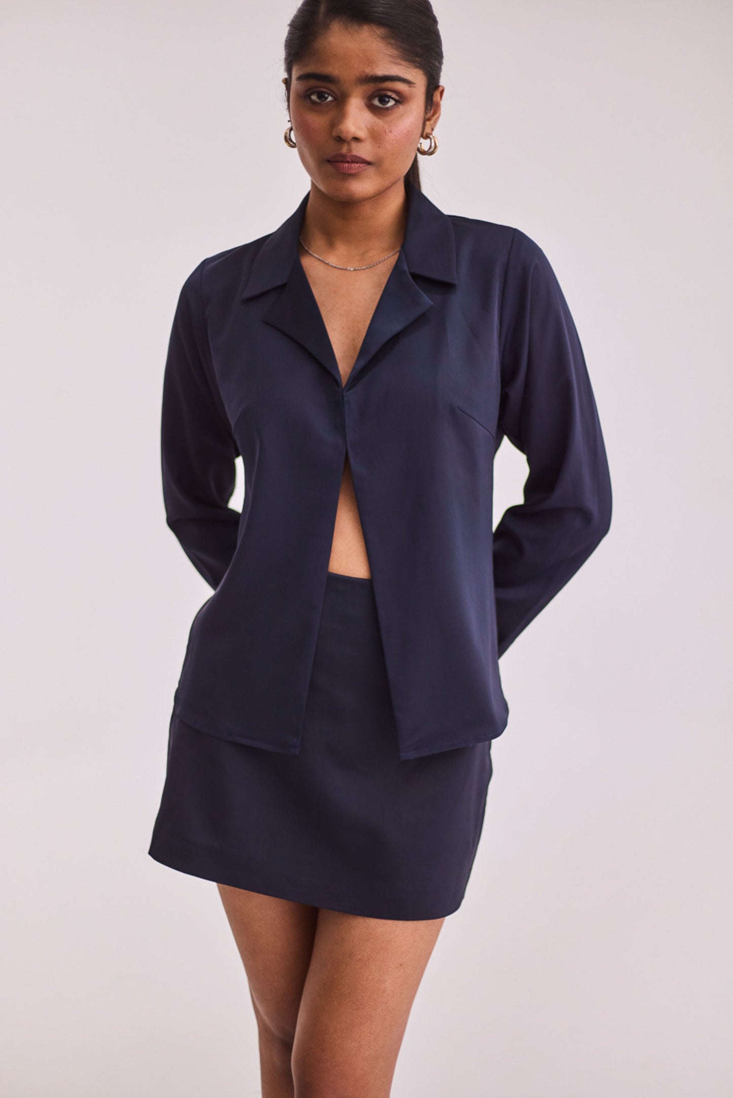 Navy Blue Satin Shirt & Skort Set