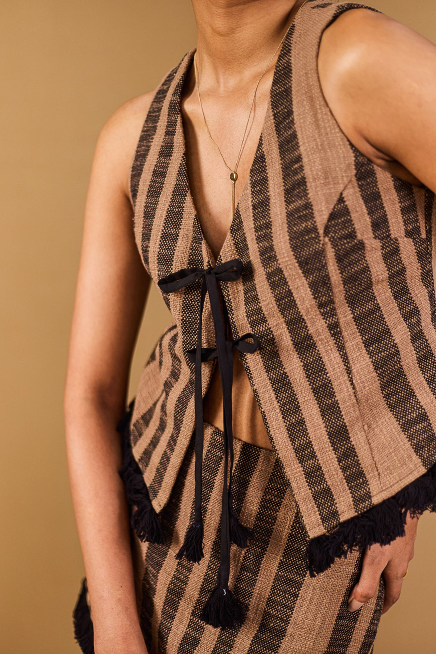 Brown Striped Vest & Skort Set