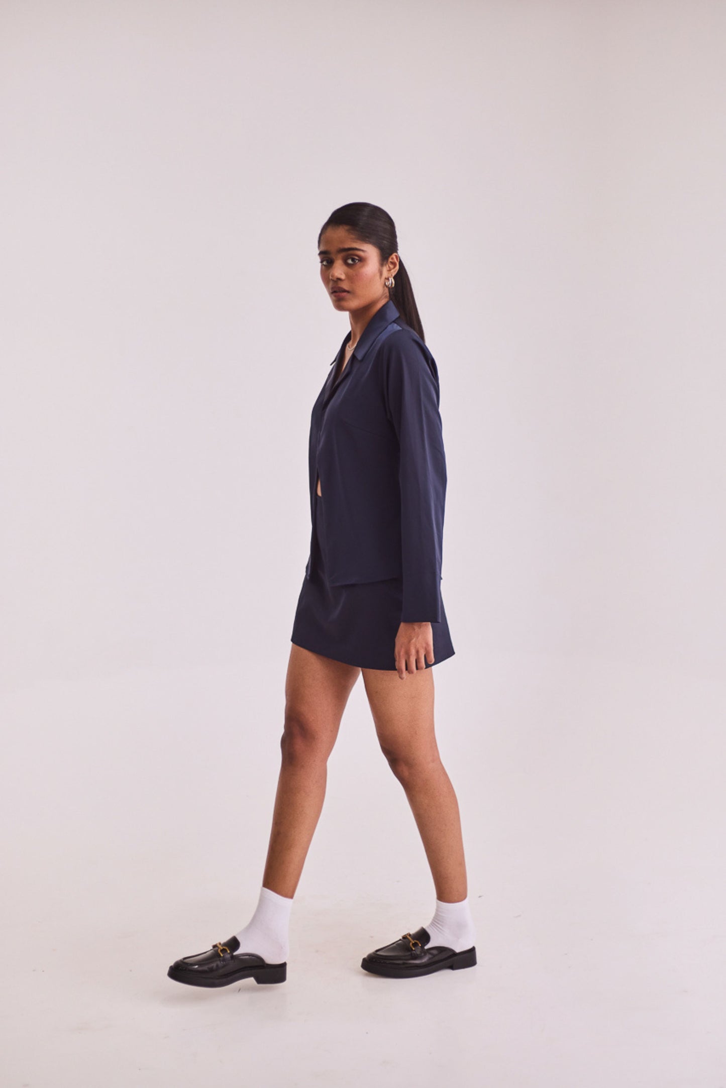 Navy Blue Satin Shirt & Skort Set