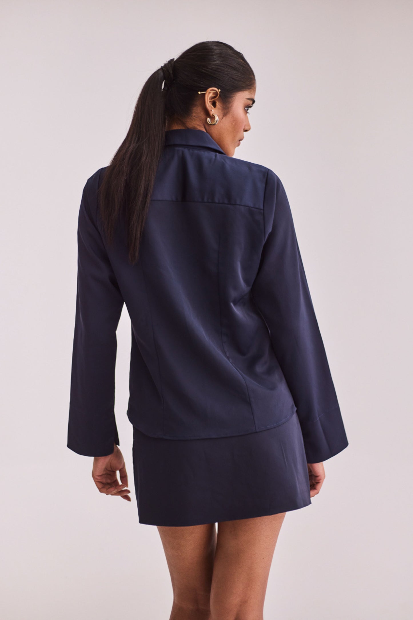 Navy Blue Satin Shirt & Skort Set
