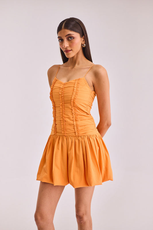 Orange Ruched Bubble Short Dress
