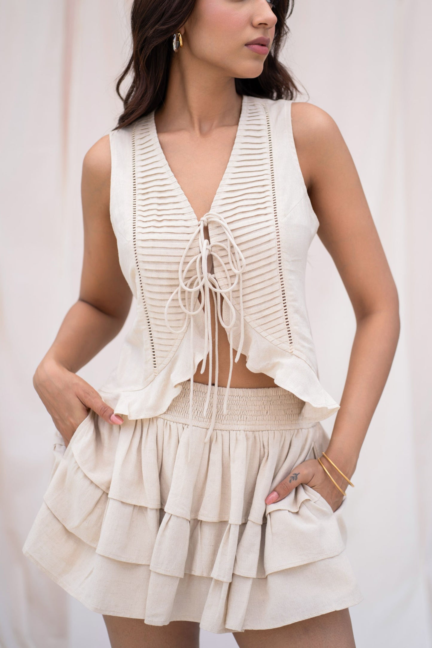 Beige Sleeveless Top & Skort Set