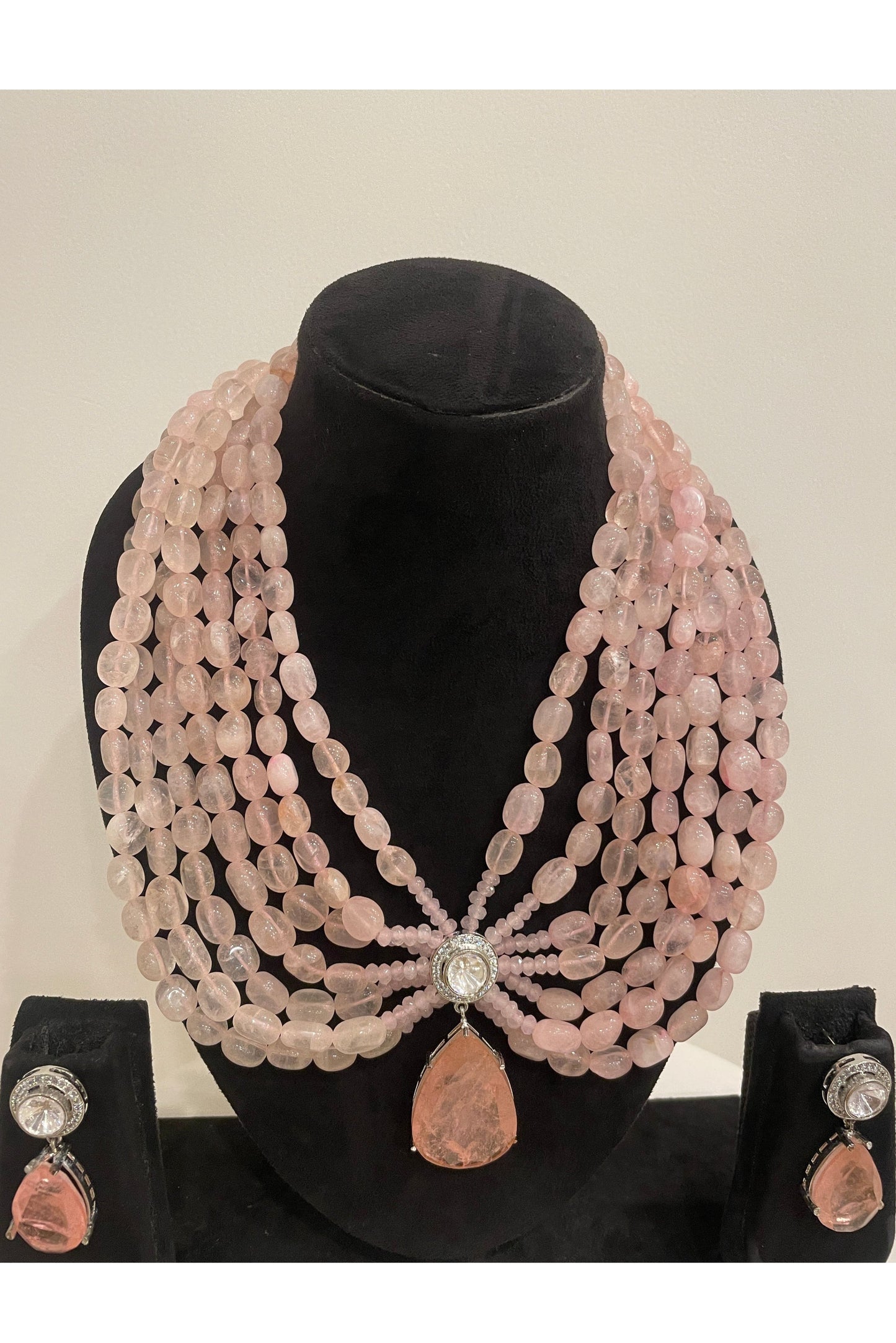 Regal Blush Pink Beaded Necklace Set with Crystal Drop