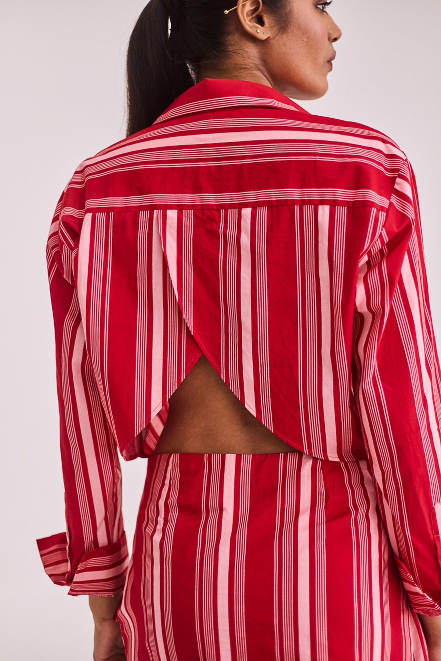 Red striped overlap shirt dress