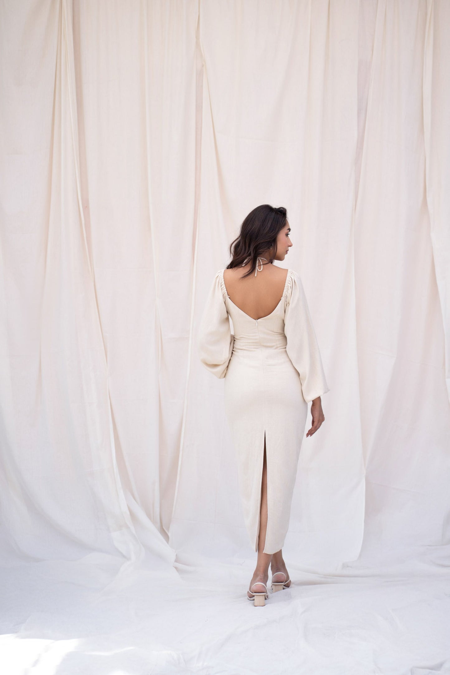 Beige Linen Pleated Midi Dress