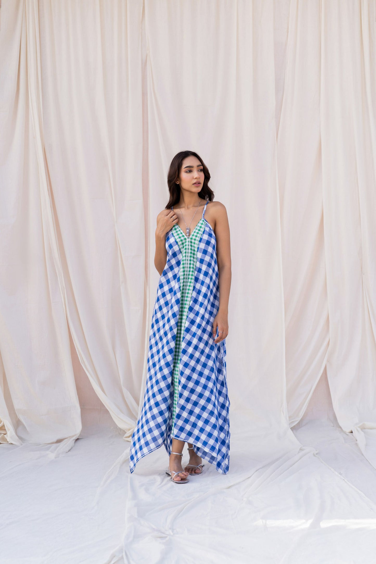 Contrast Gingham Midi Dress with Gota Detailing