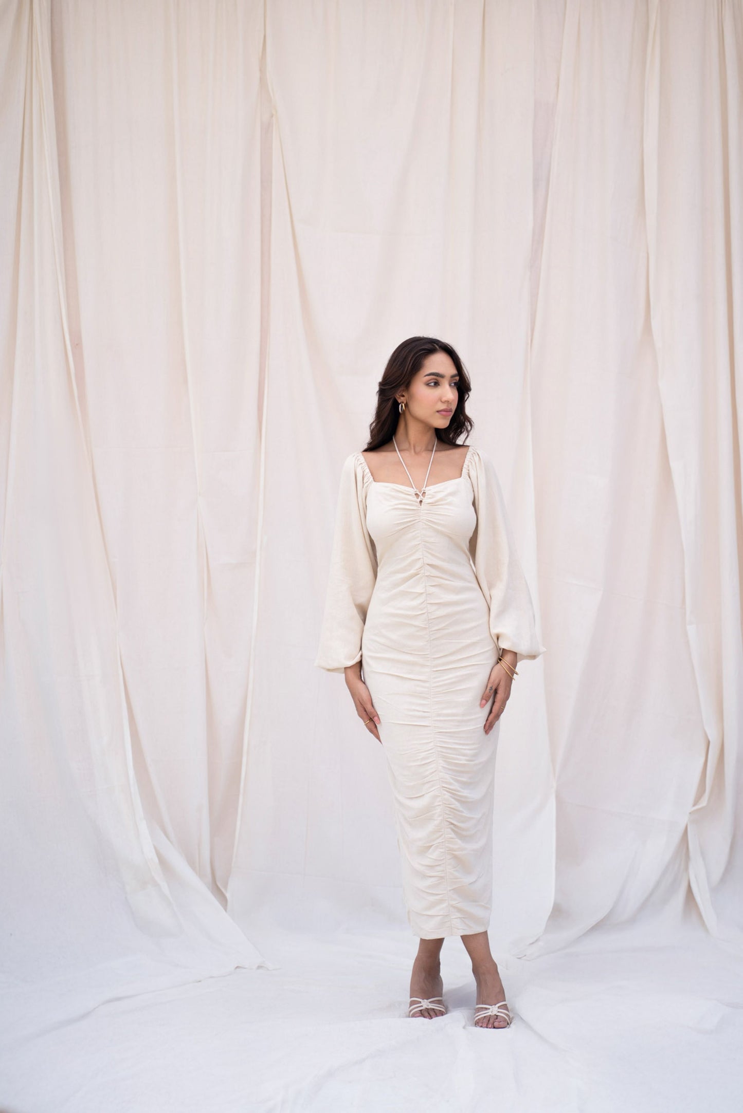 Beige Linen Pleated Midi Dress
