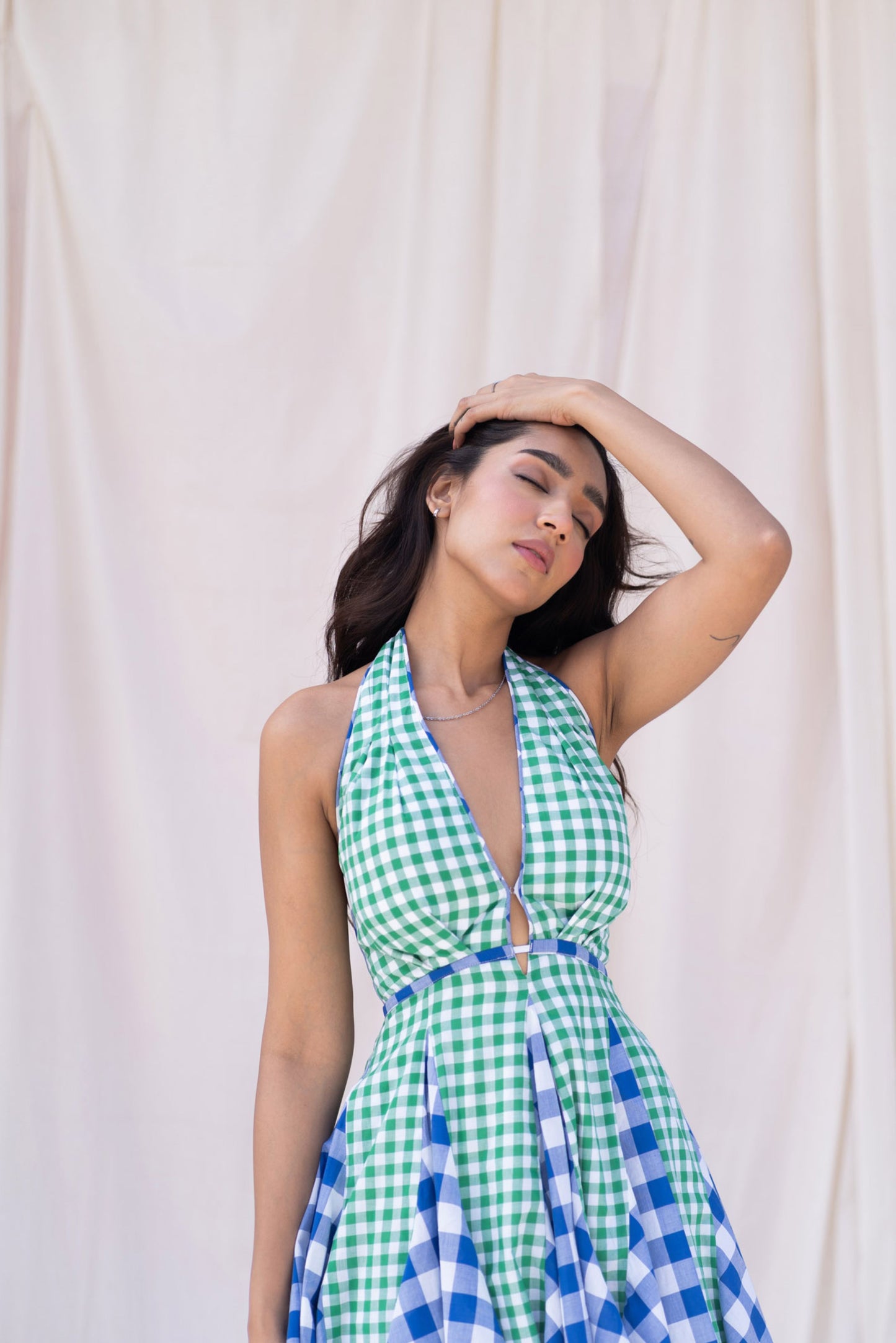 Blue & Green Gingham Halter Mini Dress
