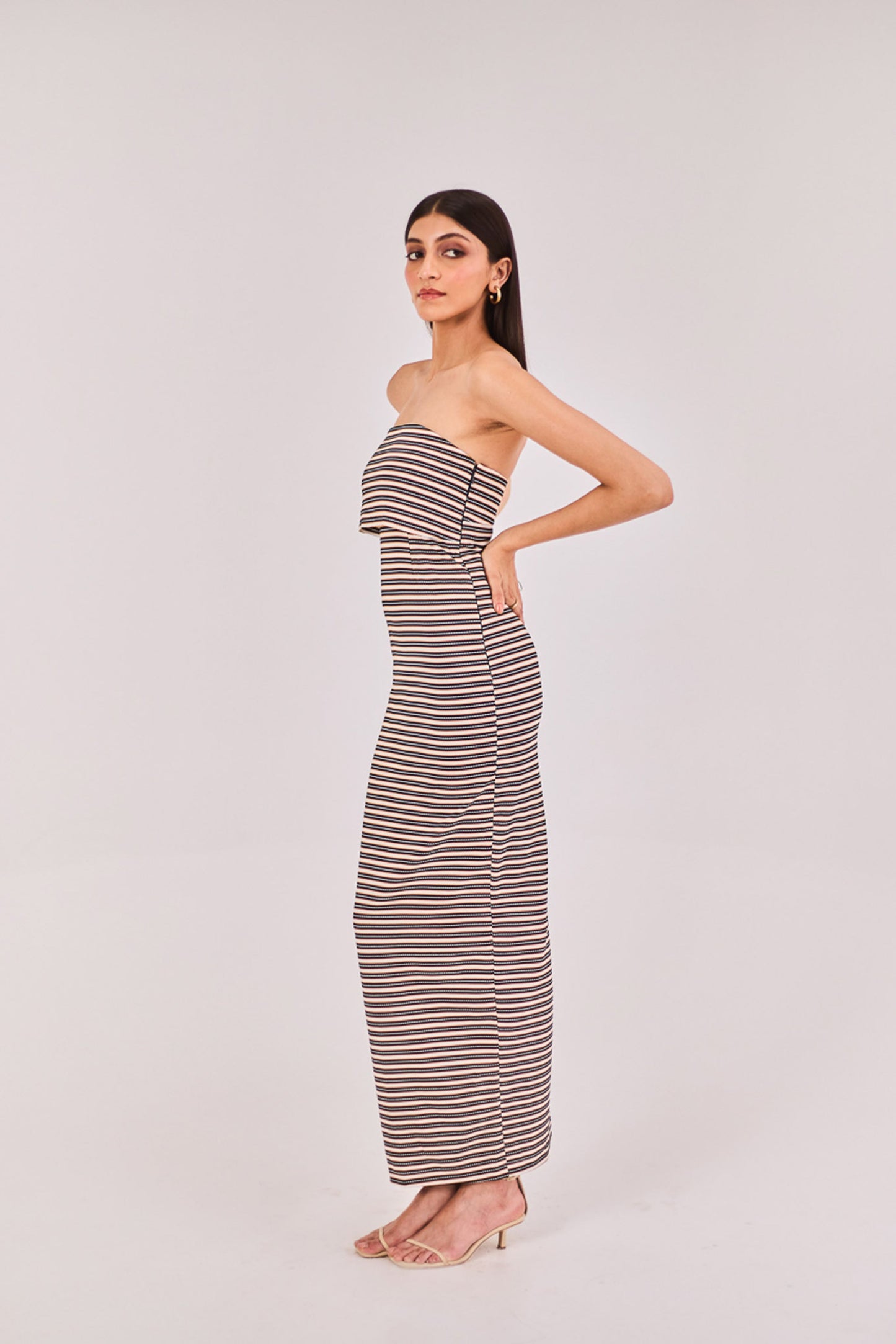 Striped strapless midi dress