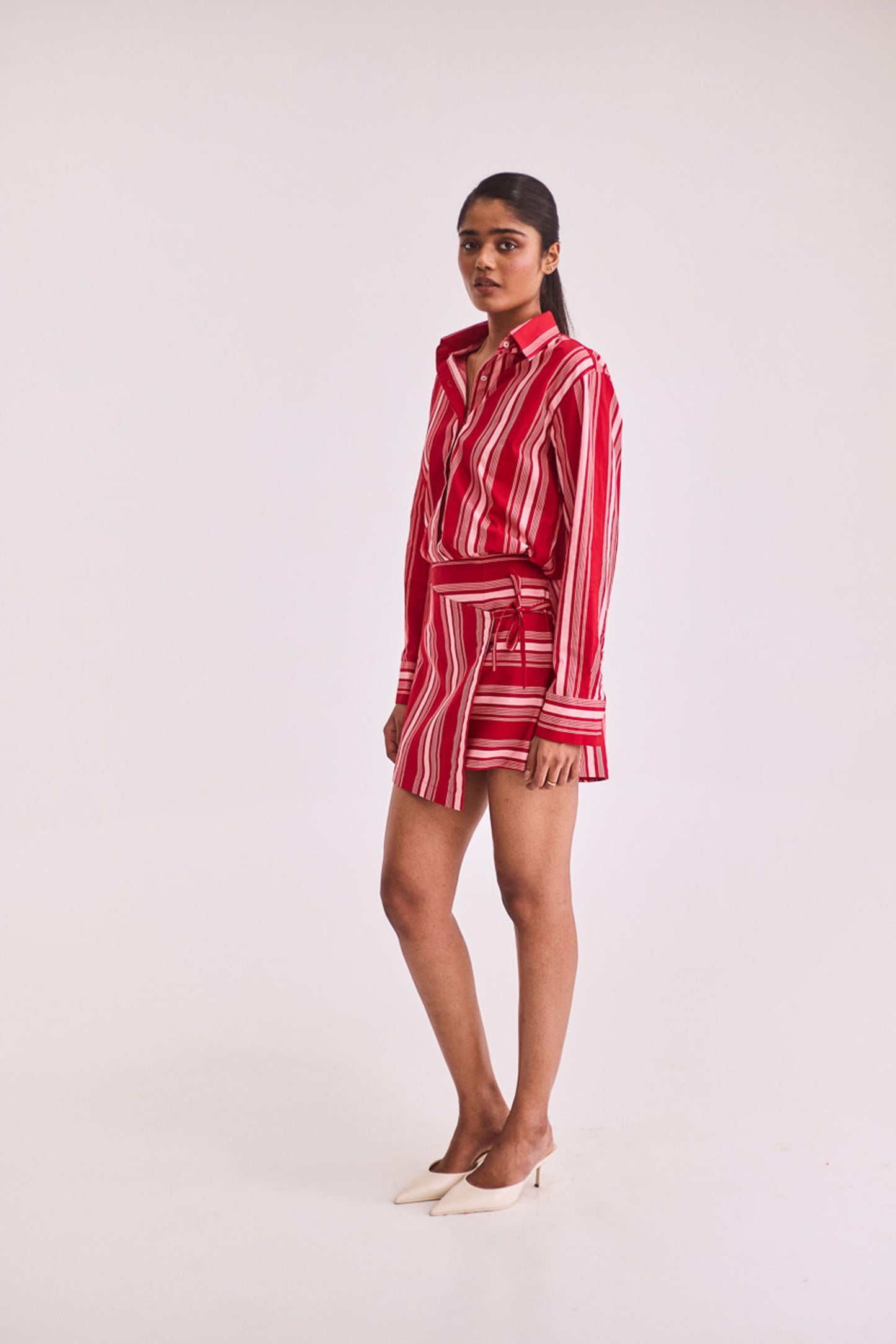 Red striped overlap shirt dress