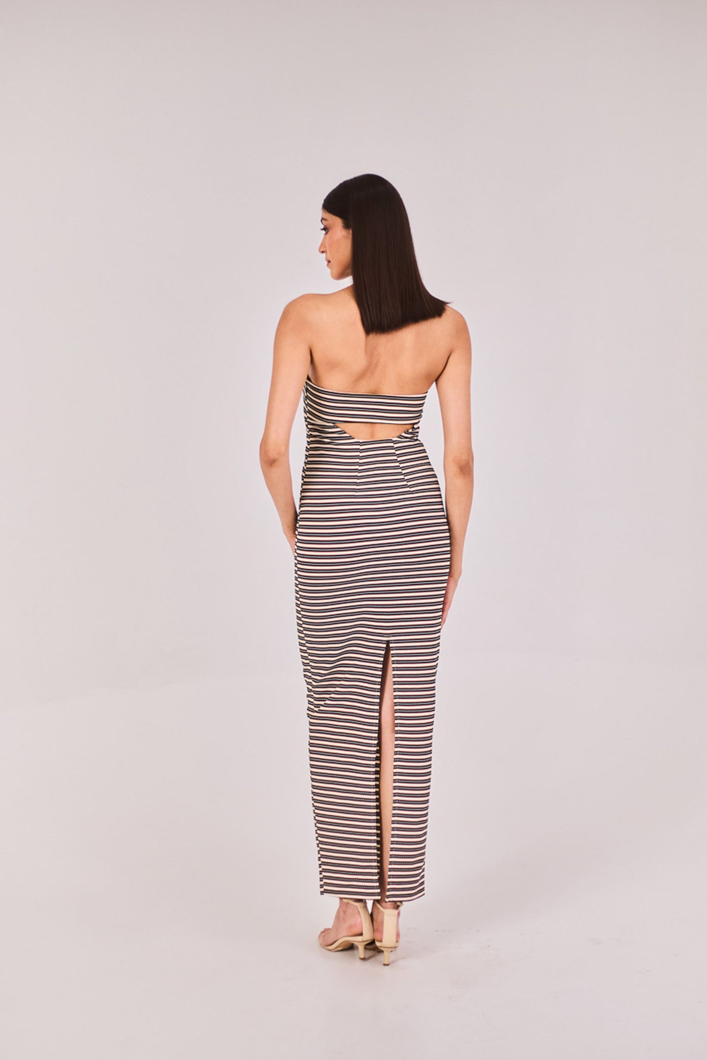 Striped strapless midi dress