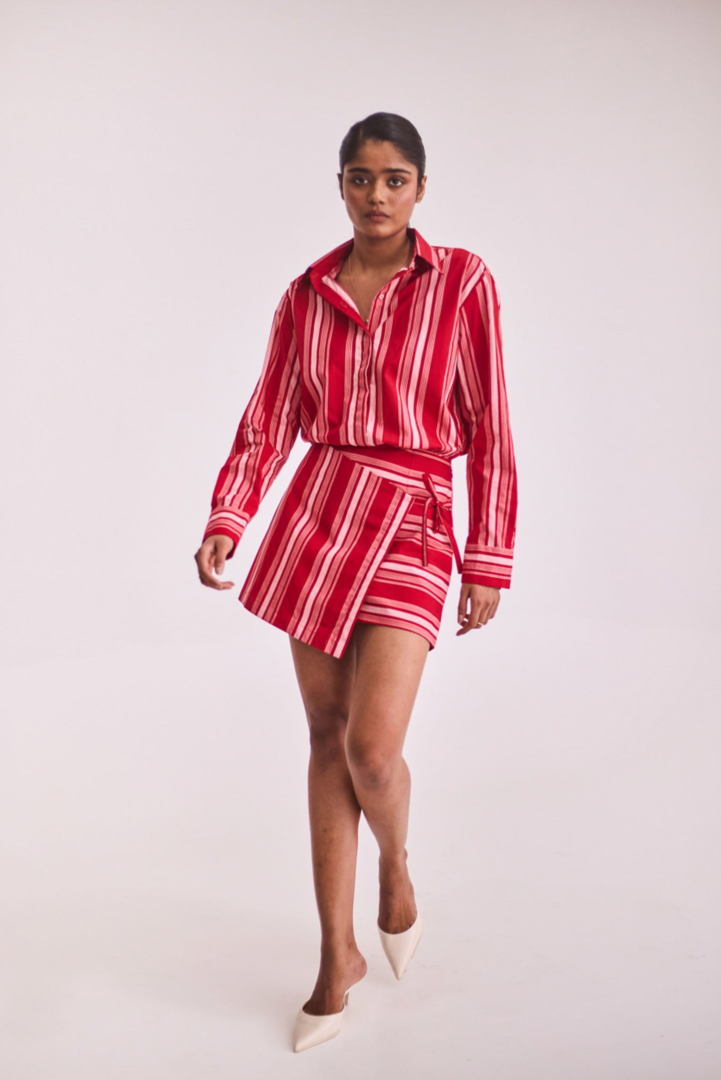 Red striped overlap shirt dress