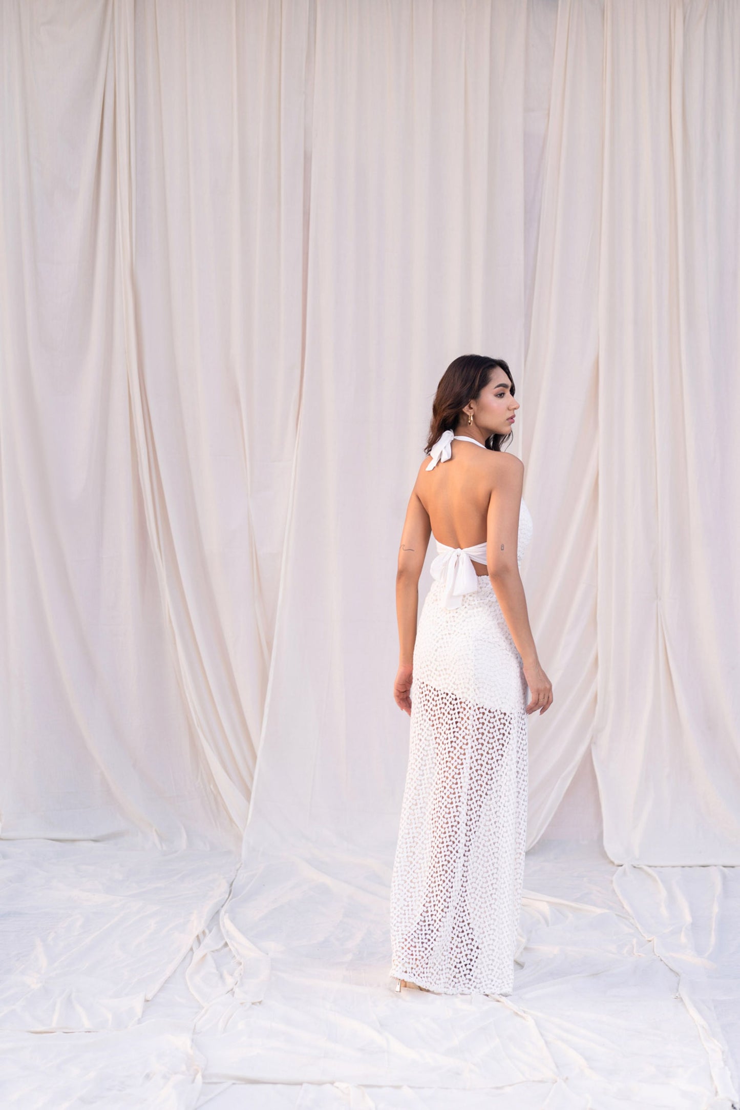 White lace halter maxi dress