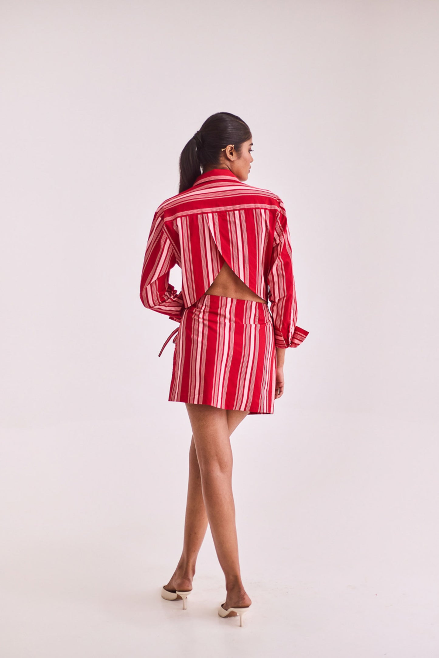 Red striped overlap shirt dress