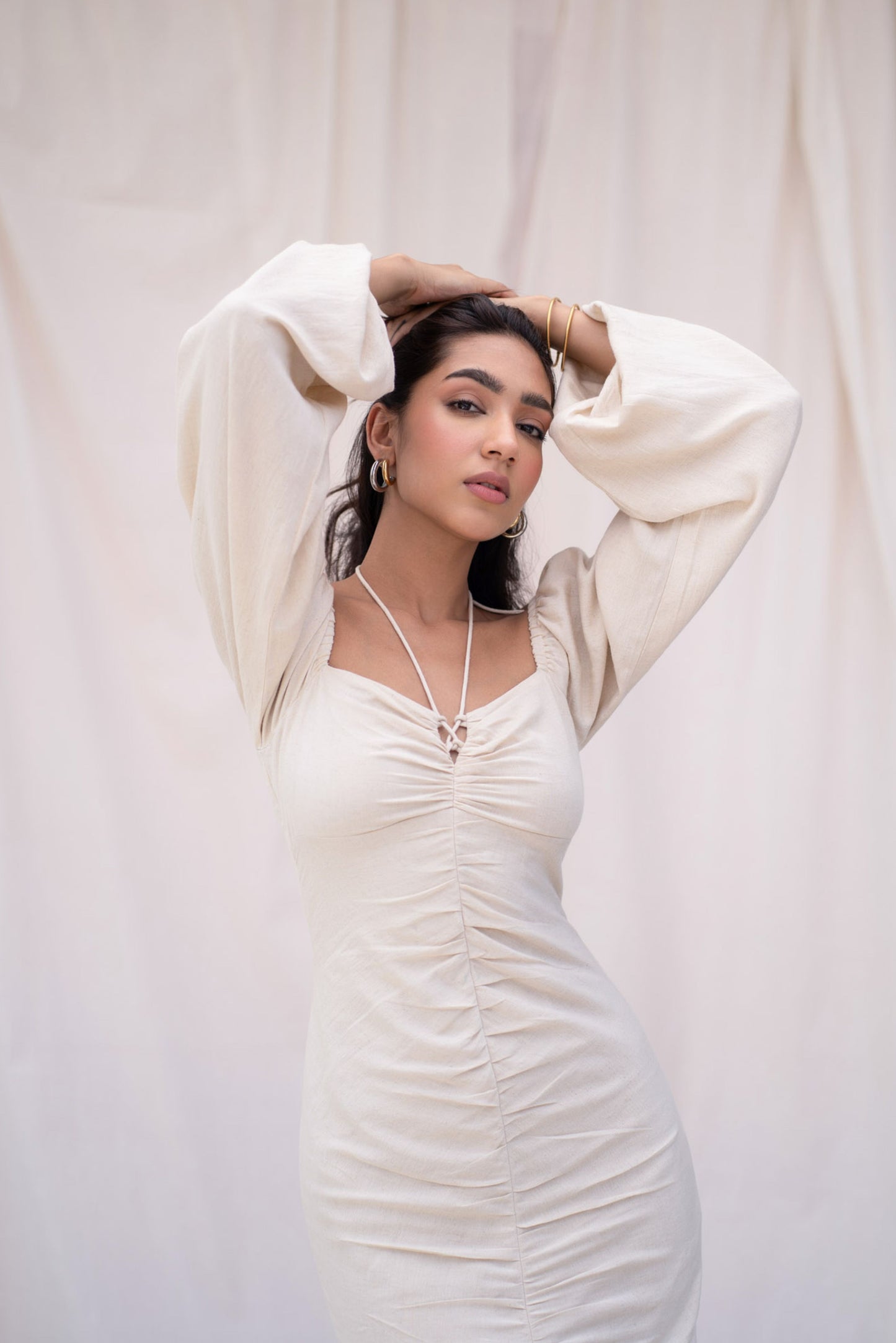 Beige Linen Pleated Midi Dress