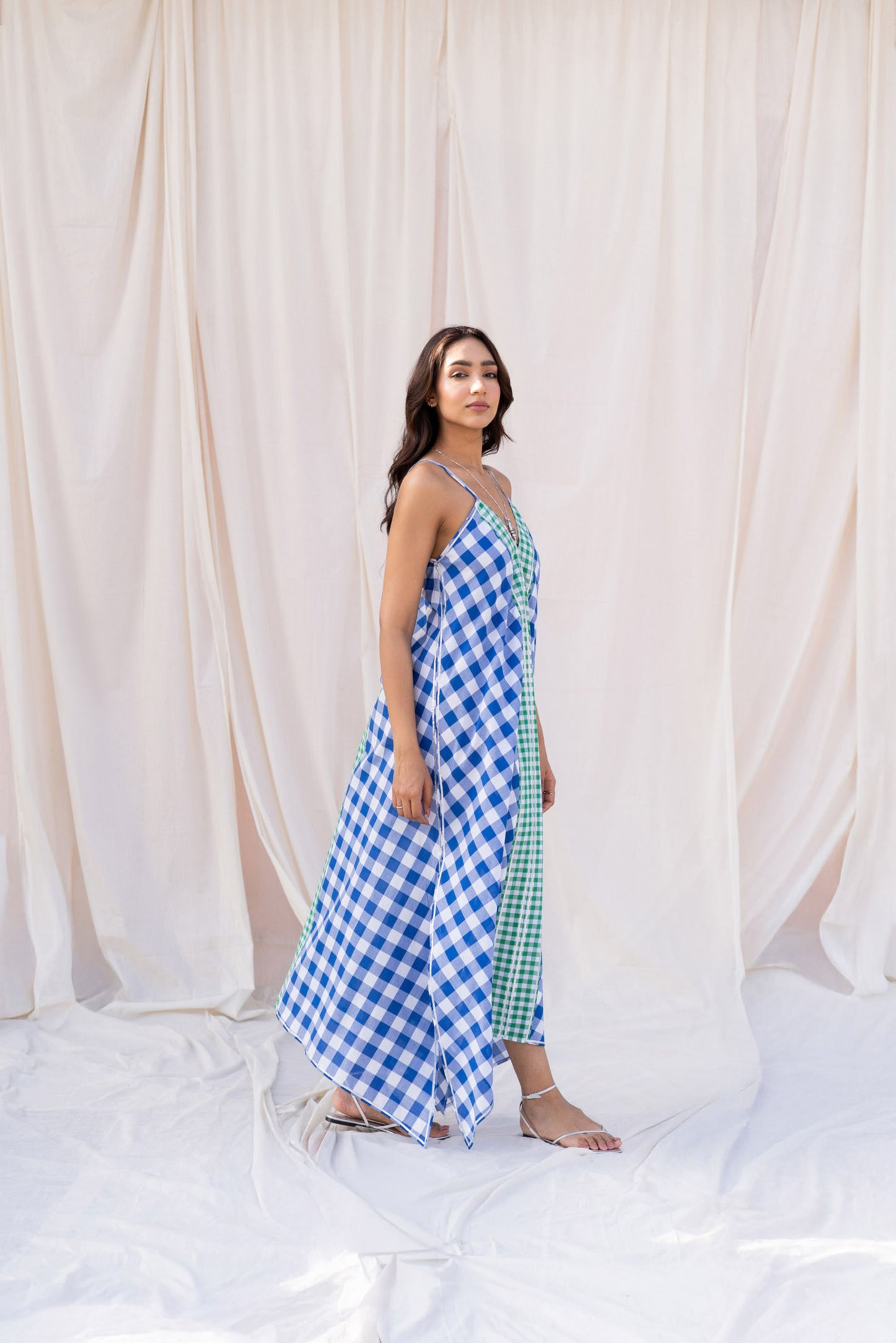 Contrast Gingham Midi Dress with Gota Detailing