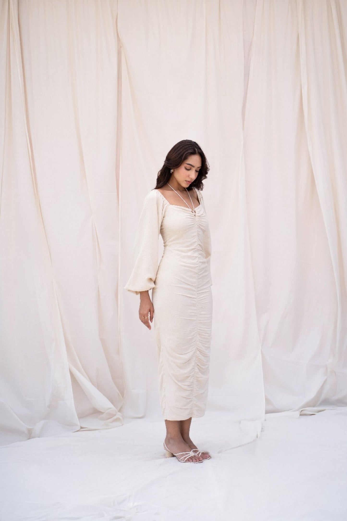 Beige Linen Pleated Midi Dress