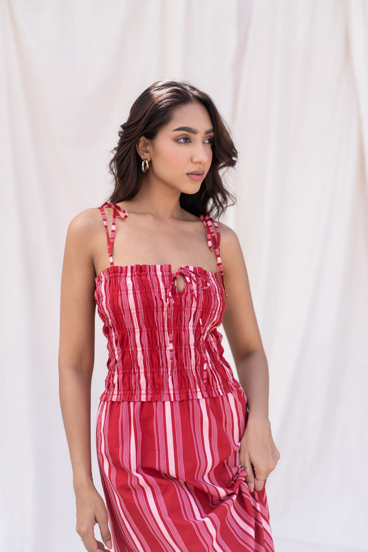 Red Striped Smocked Midi Dress