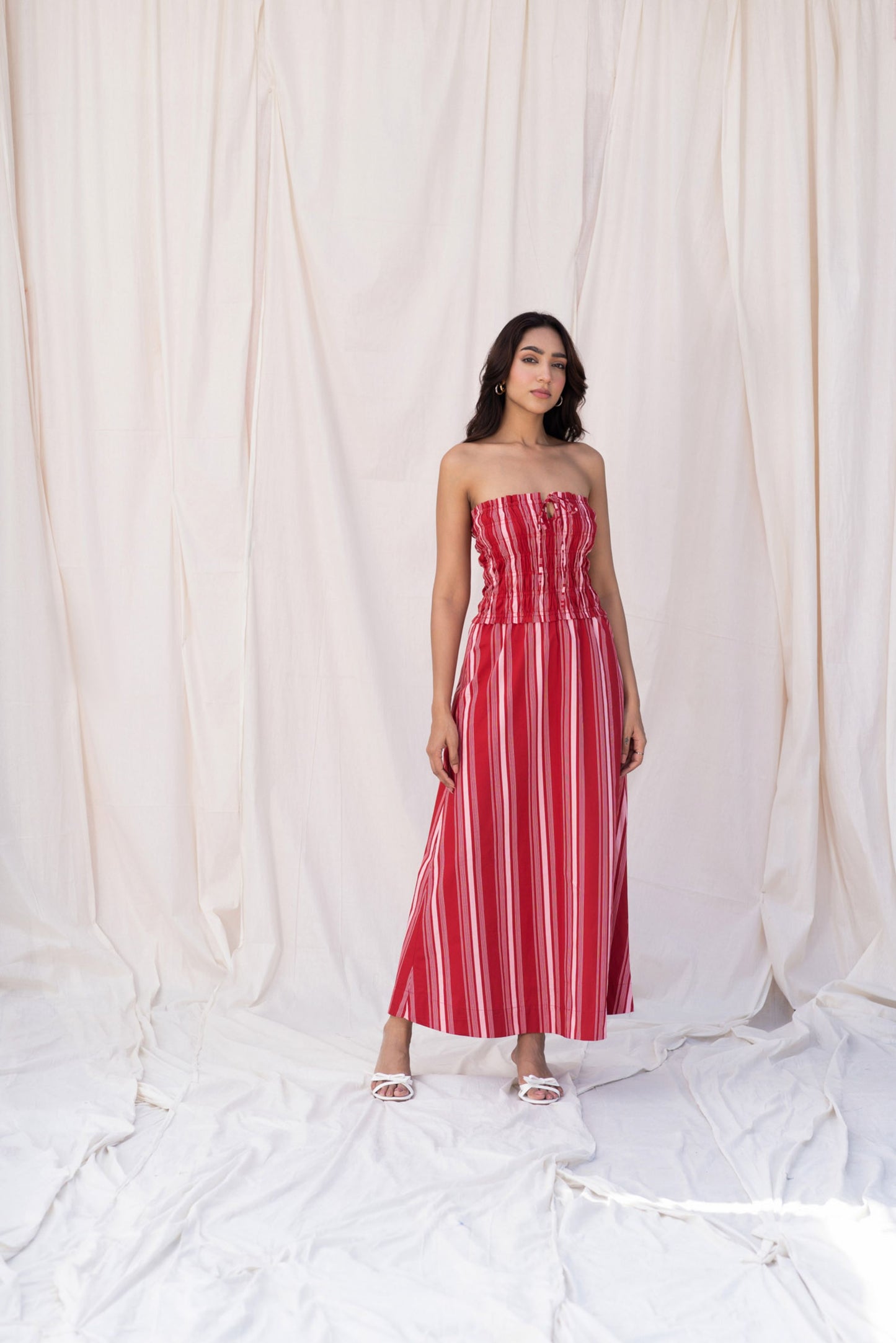 Red Striped Smocked Midi Dress
