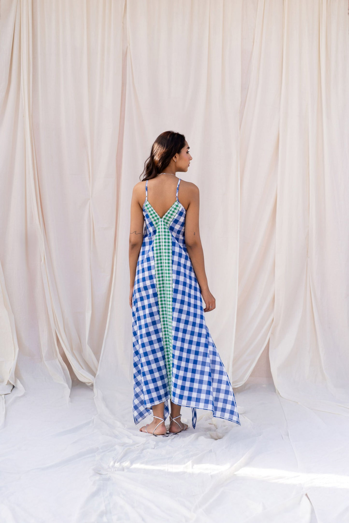 Contrast Gingham Midi Dress with Gota Detailing