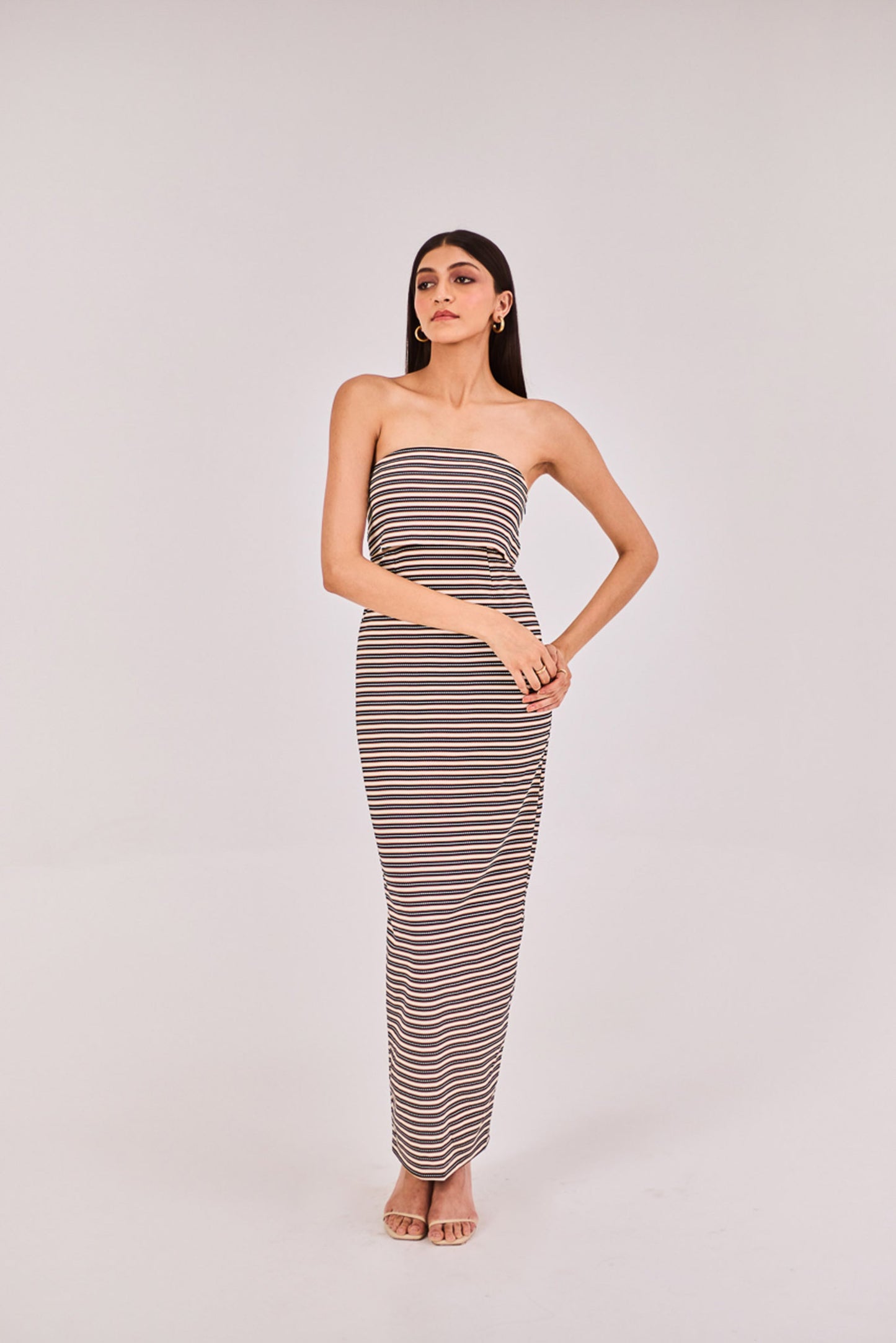 Striped strapless midi dress