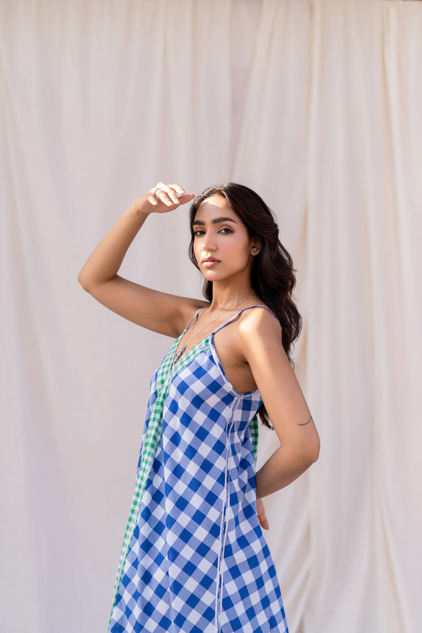 Contrast Gingham Midi Dress with Gota Detailing