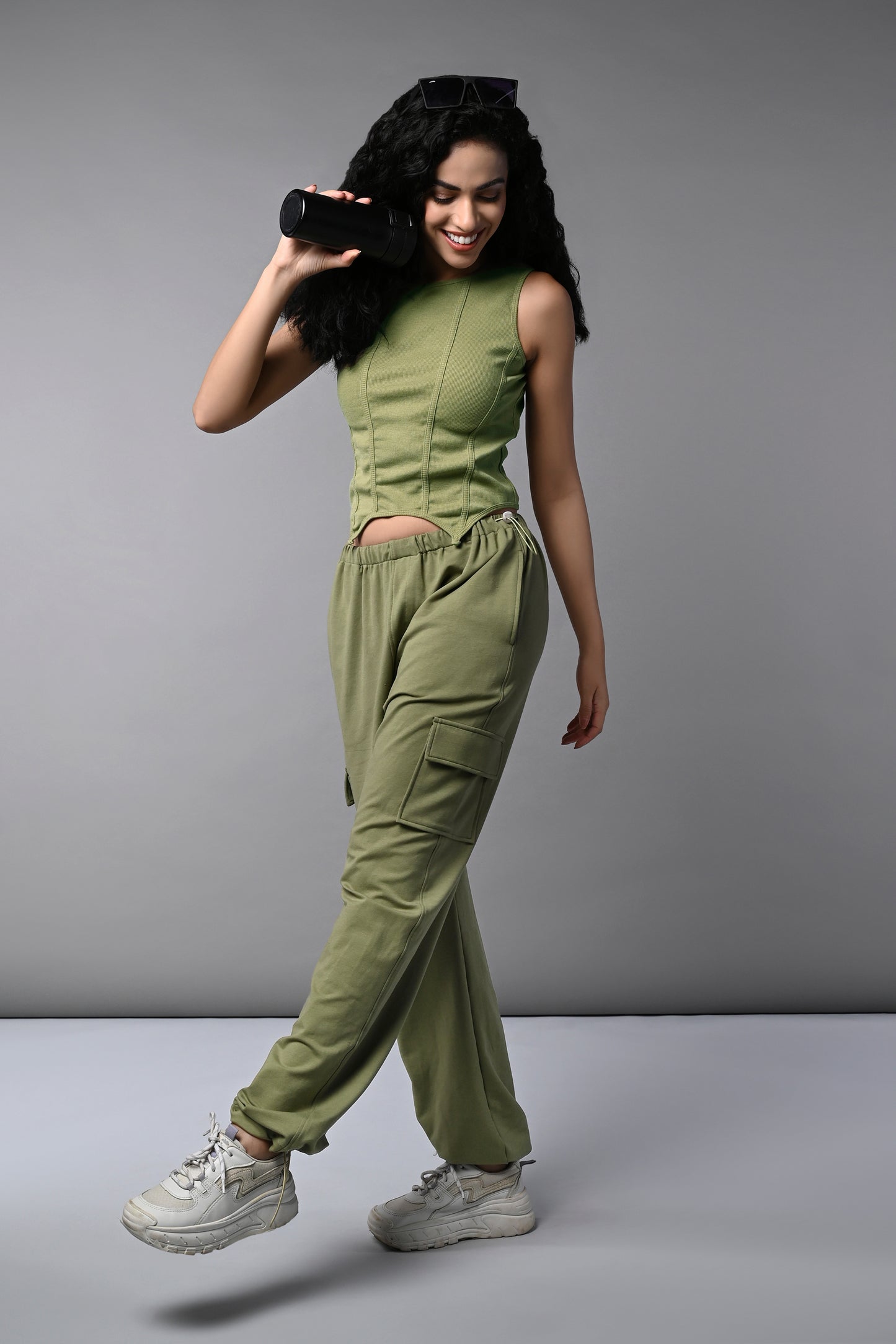 Olive Corset Crop - Top With Parachute Pants