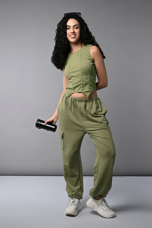 Olive Corset Crop - Top With Parachute Pants