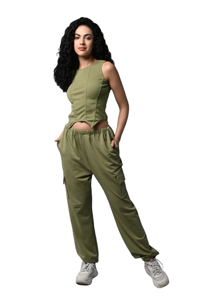 Olive Corset Crop - Top With Parachute Pants