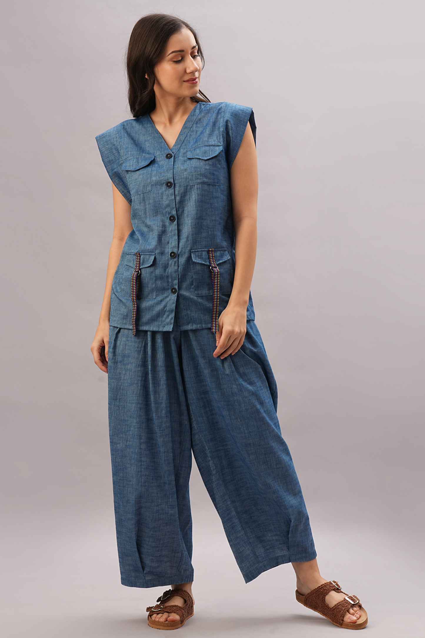 DENIM CAPSLEEVES TOP WITH LOOSE PANT