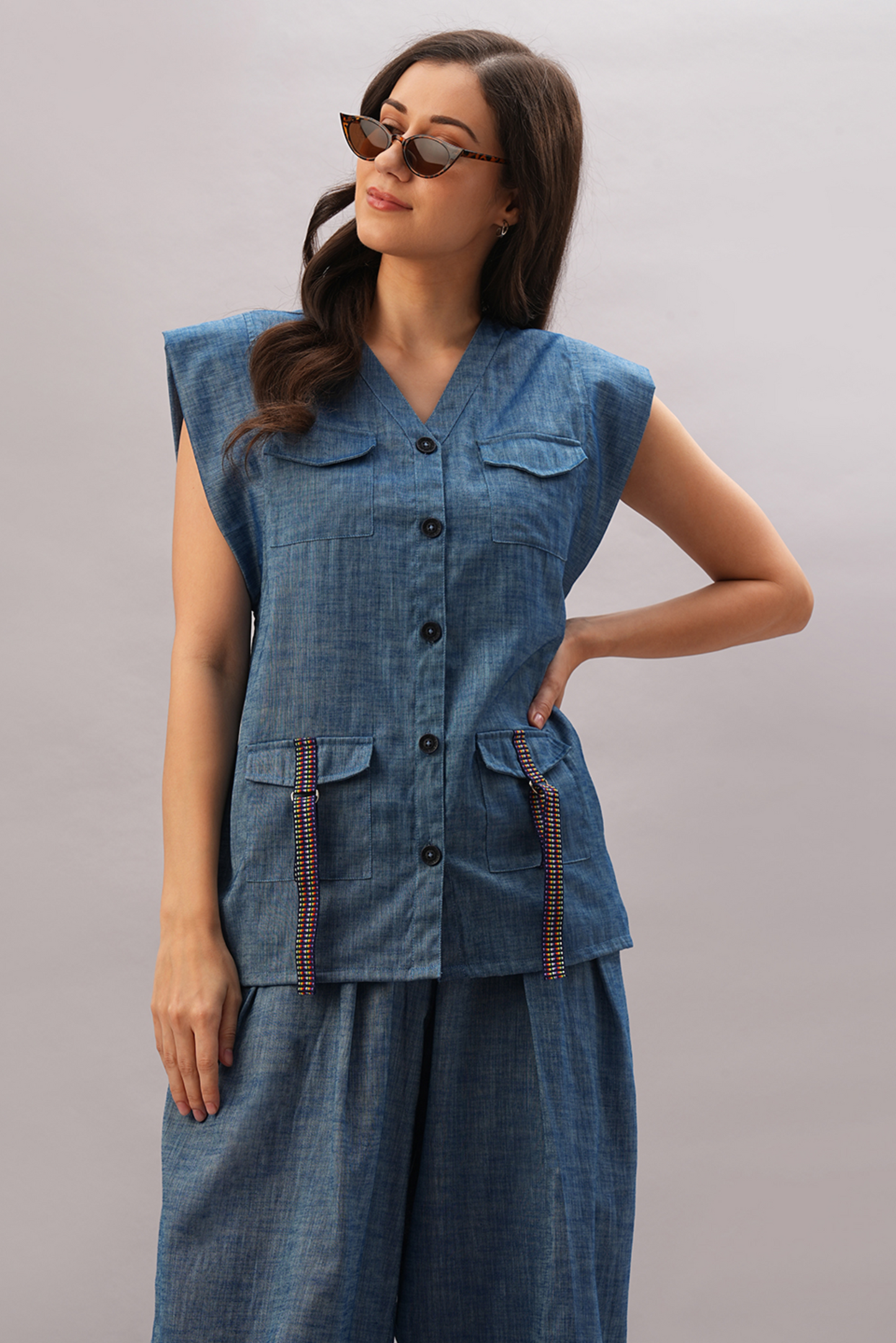 DENIM CAPSLEEVES TOP WITH LOOSE PANT