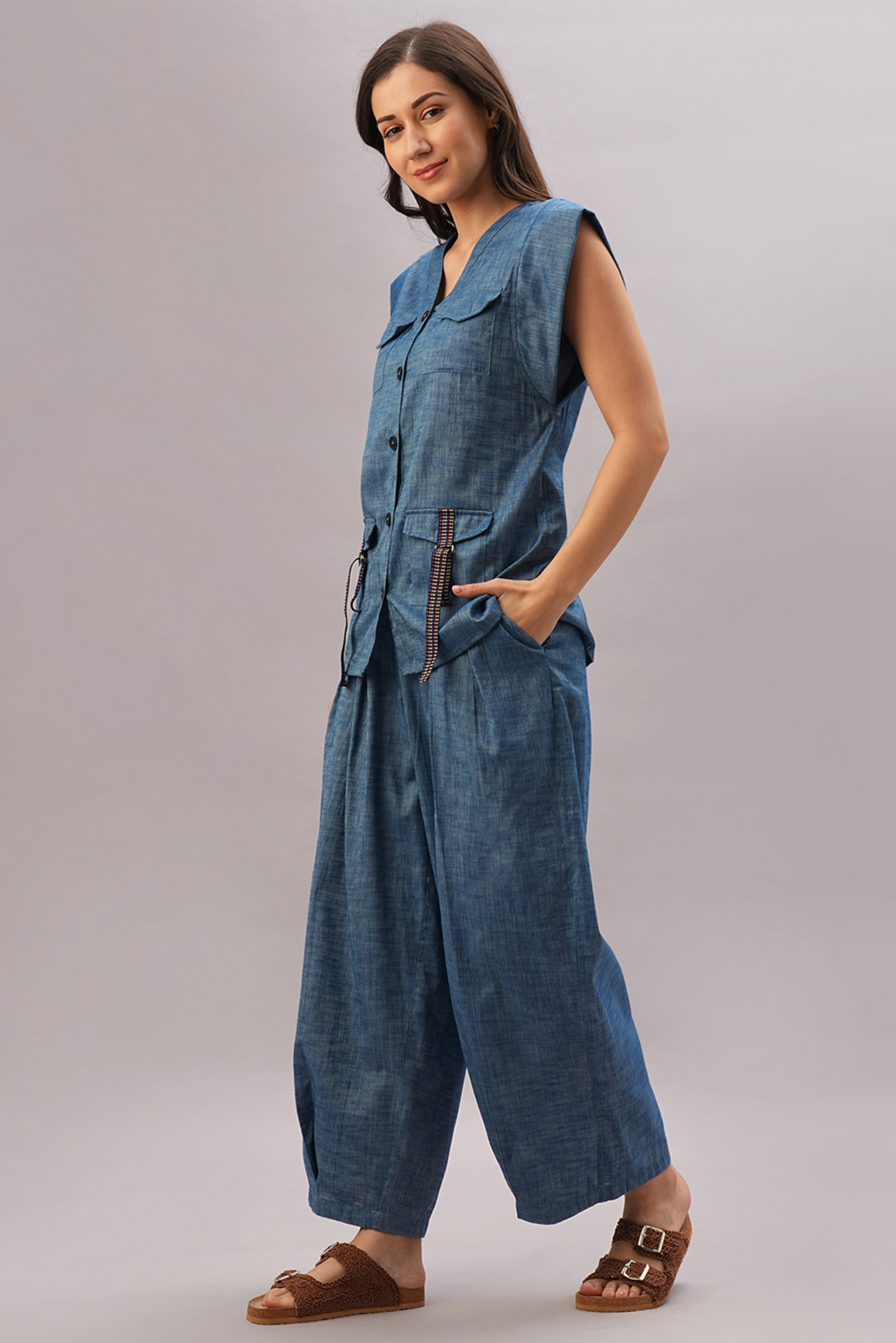 DENIM CAPSLEEVES TOP WITH LOOSE PANT