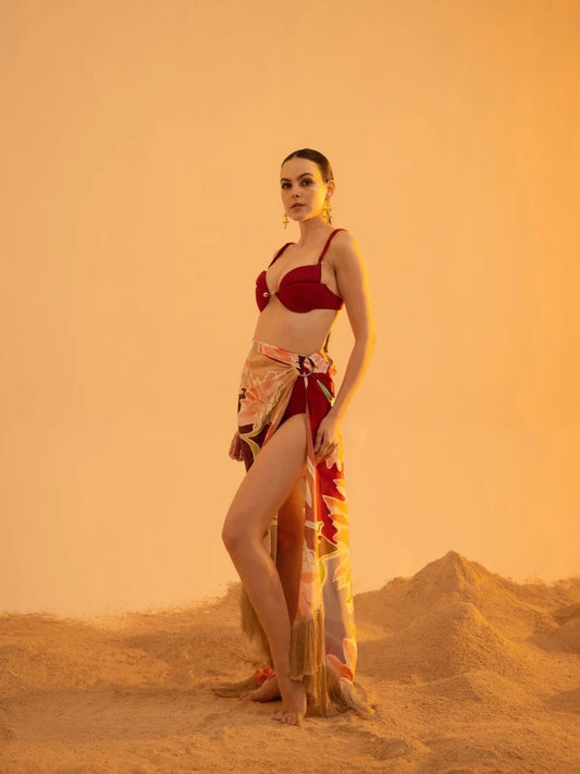 Folium Bikini Set - Plum with Stream Sarong - Brick Red and Sepia Garden