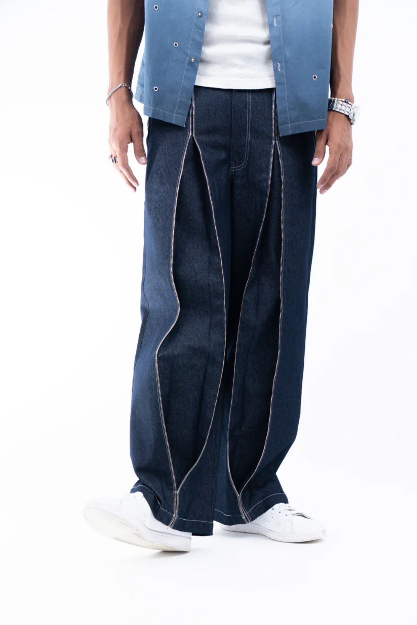 classic unisex box pleat zipper denim