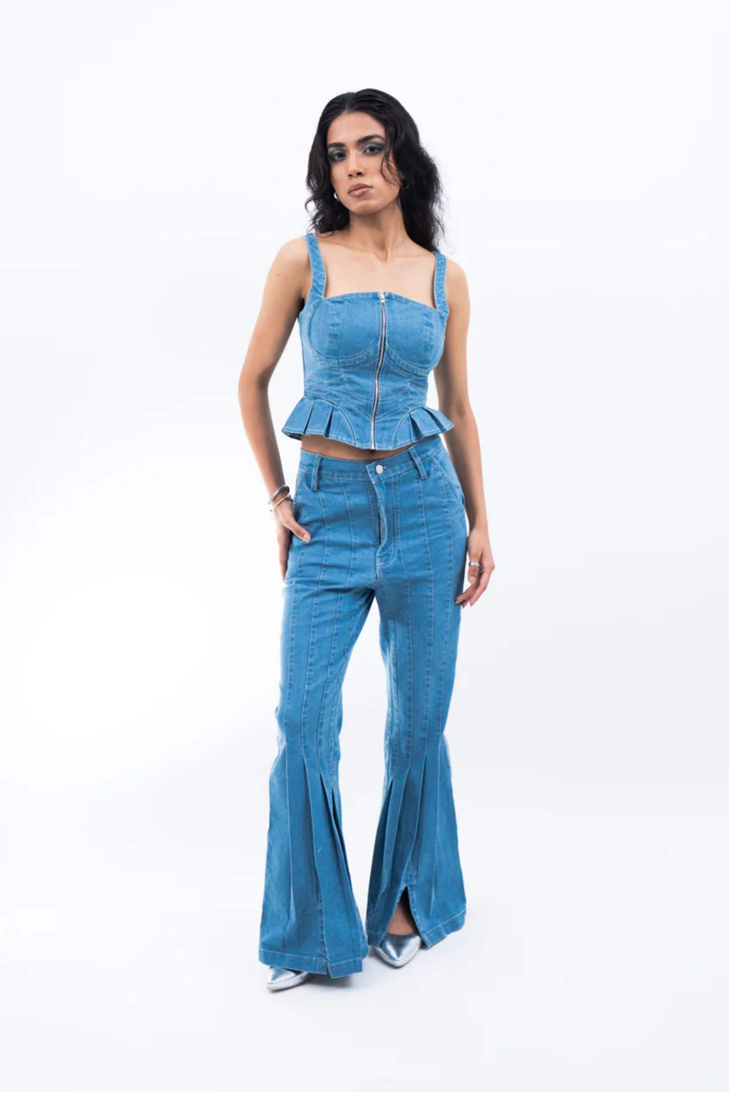 pleated bootcut denim