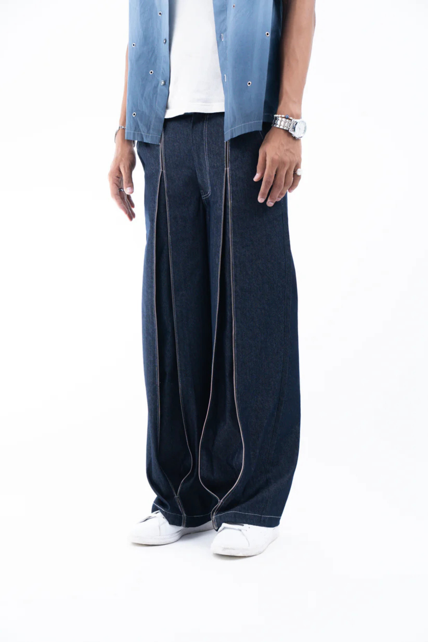 classic unisex box pleat zipper denim