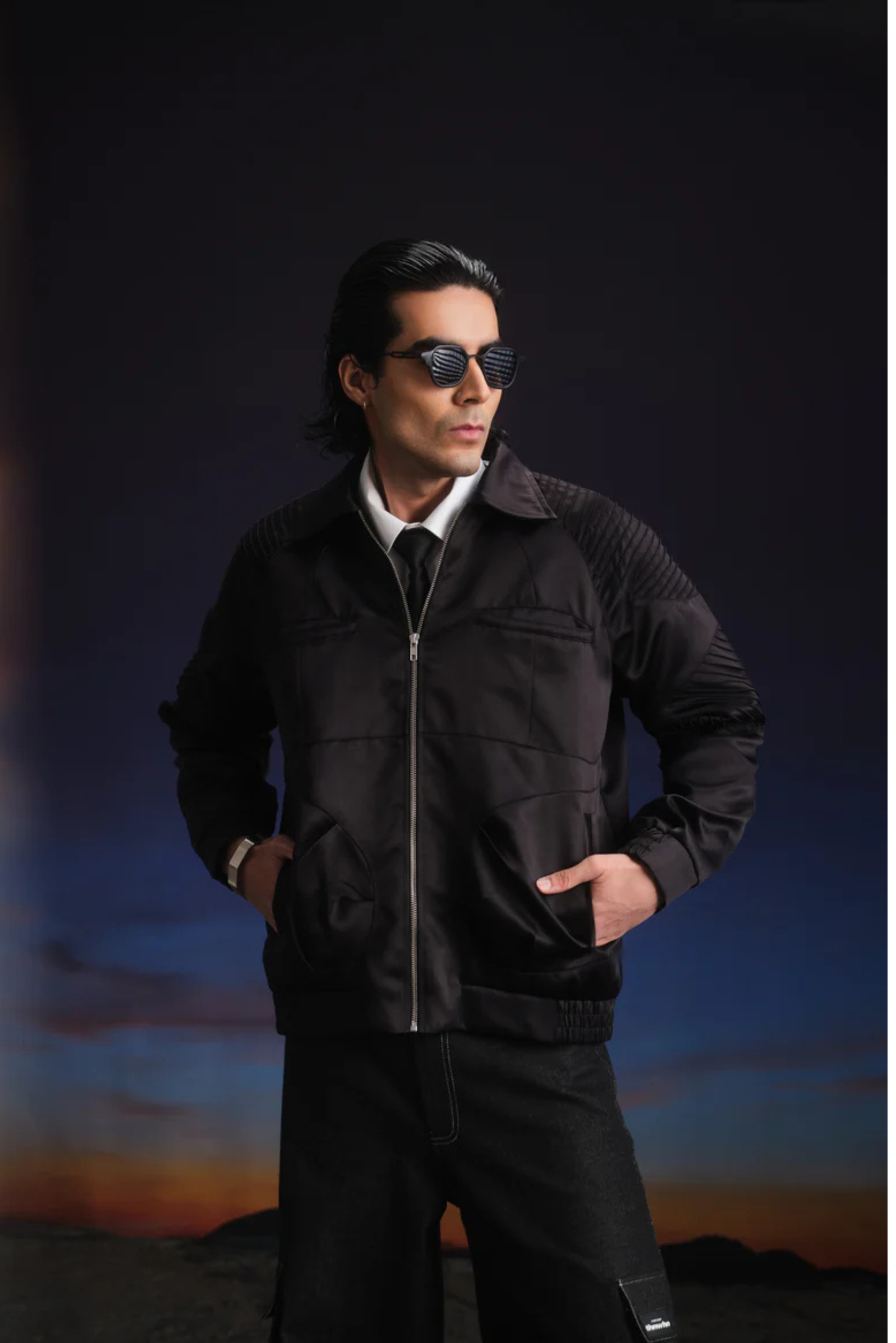 midnight armour satin bomber