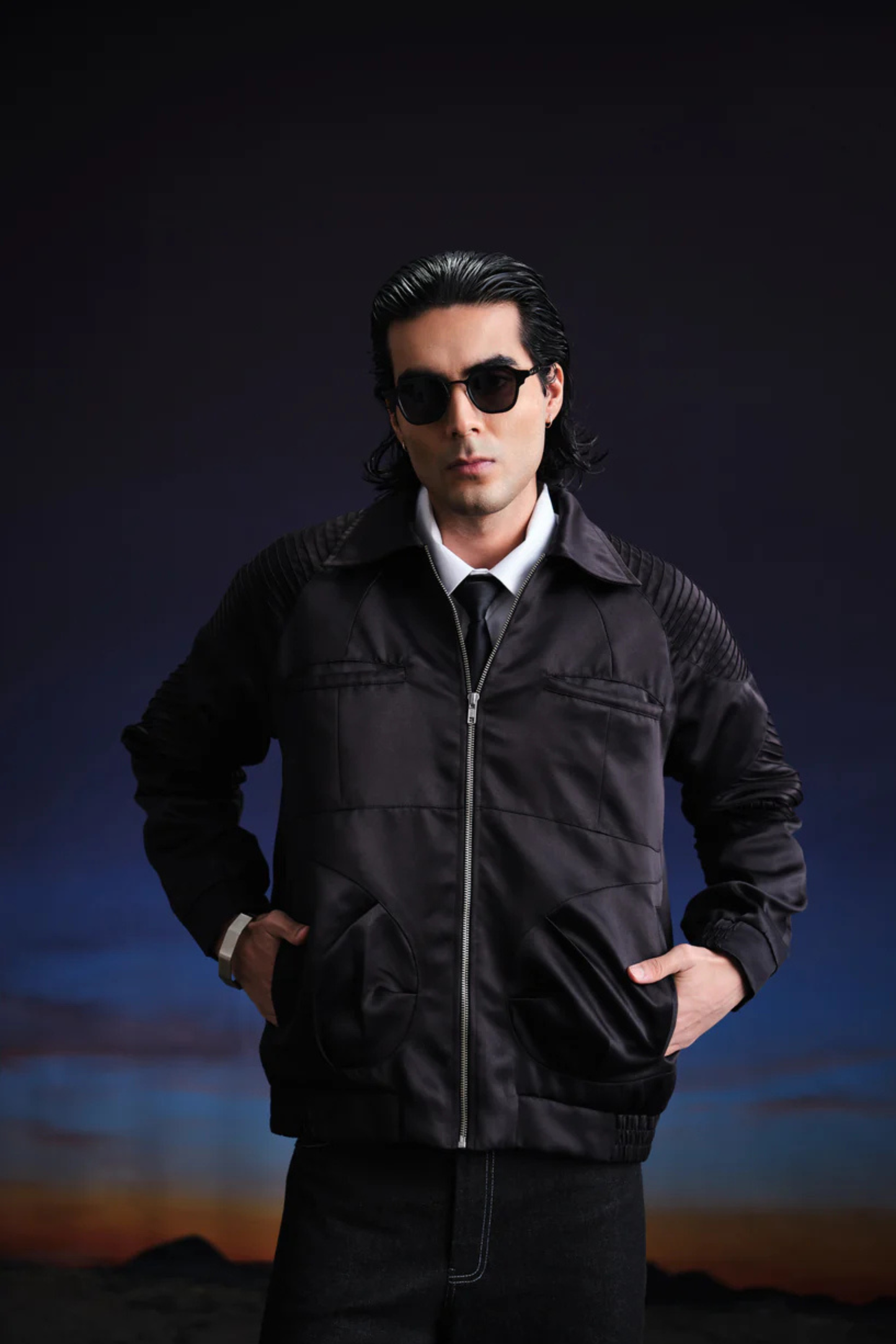 midnight armour satin bomber