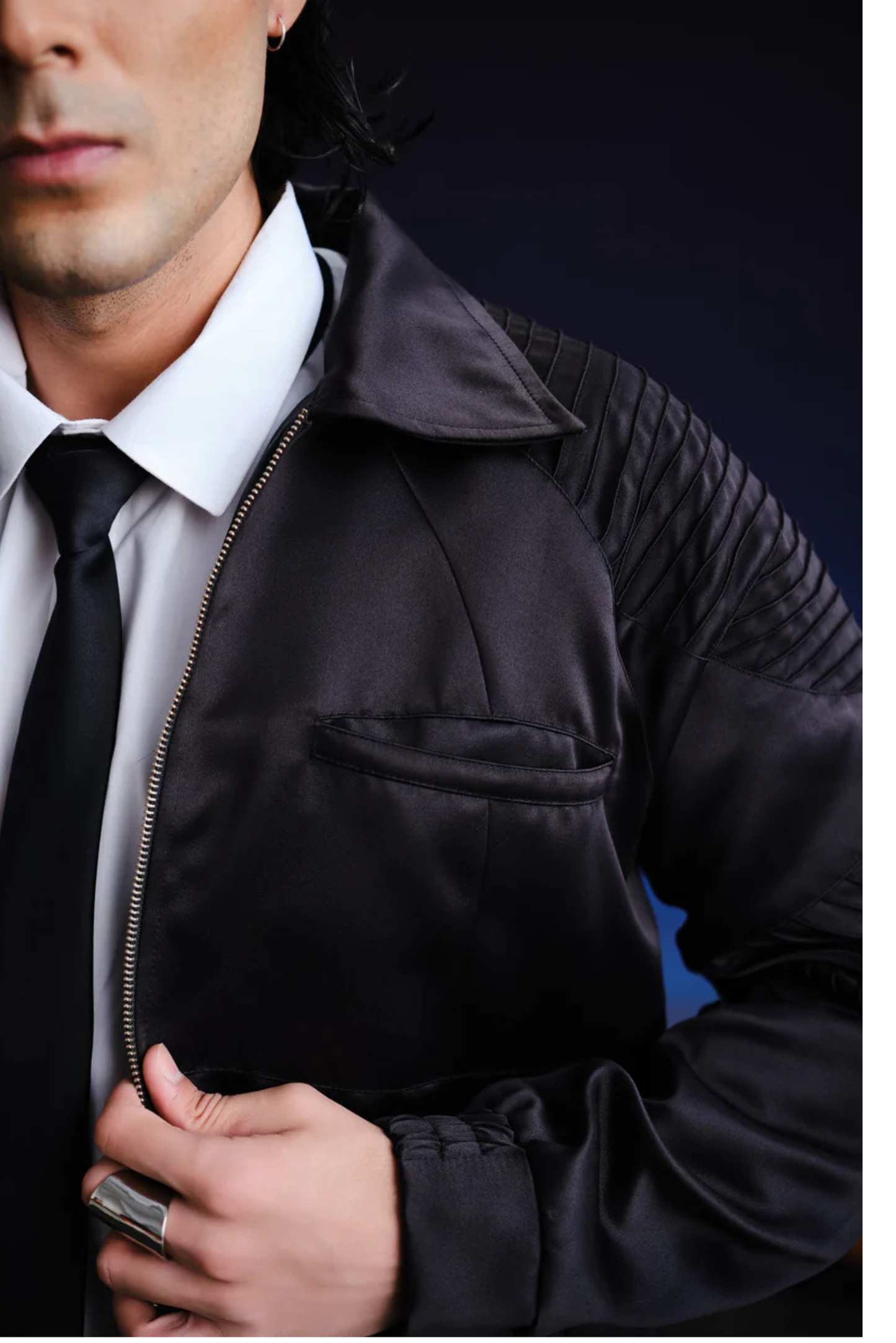 midnight armour satin bomber