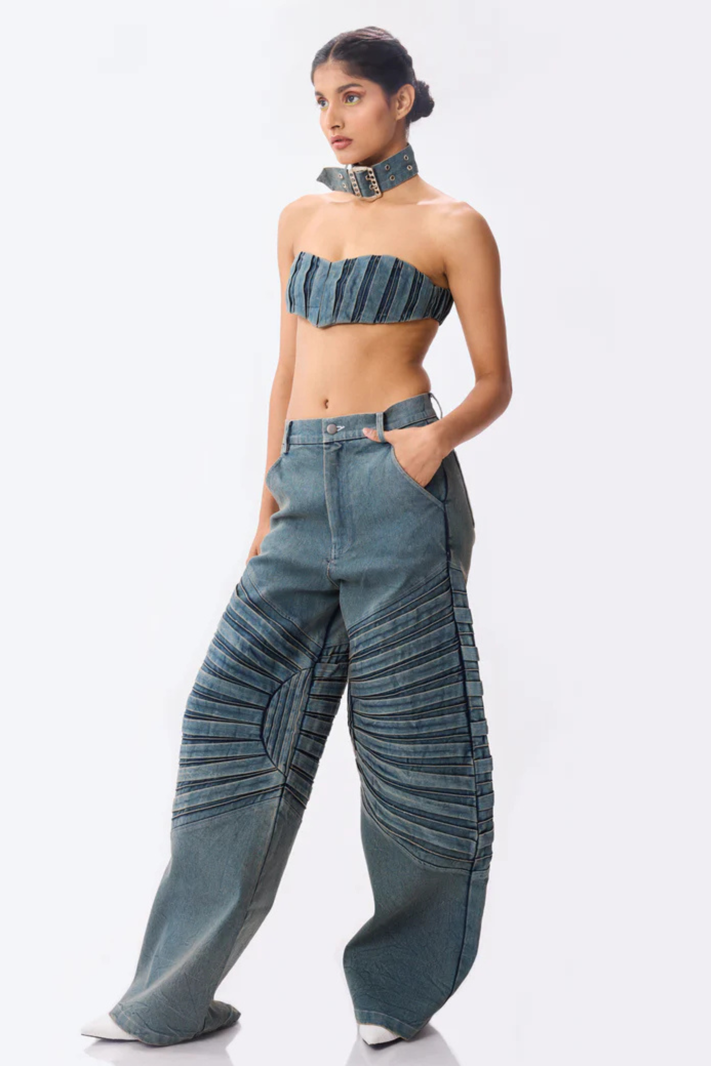 pleated denim tube