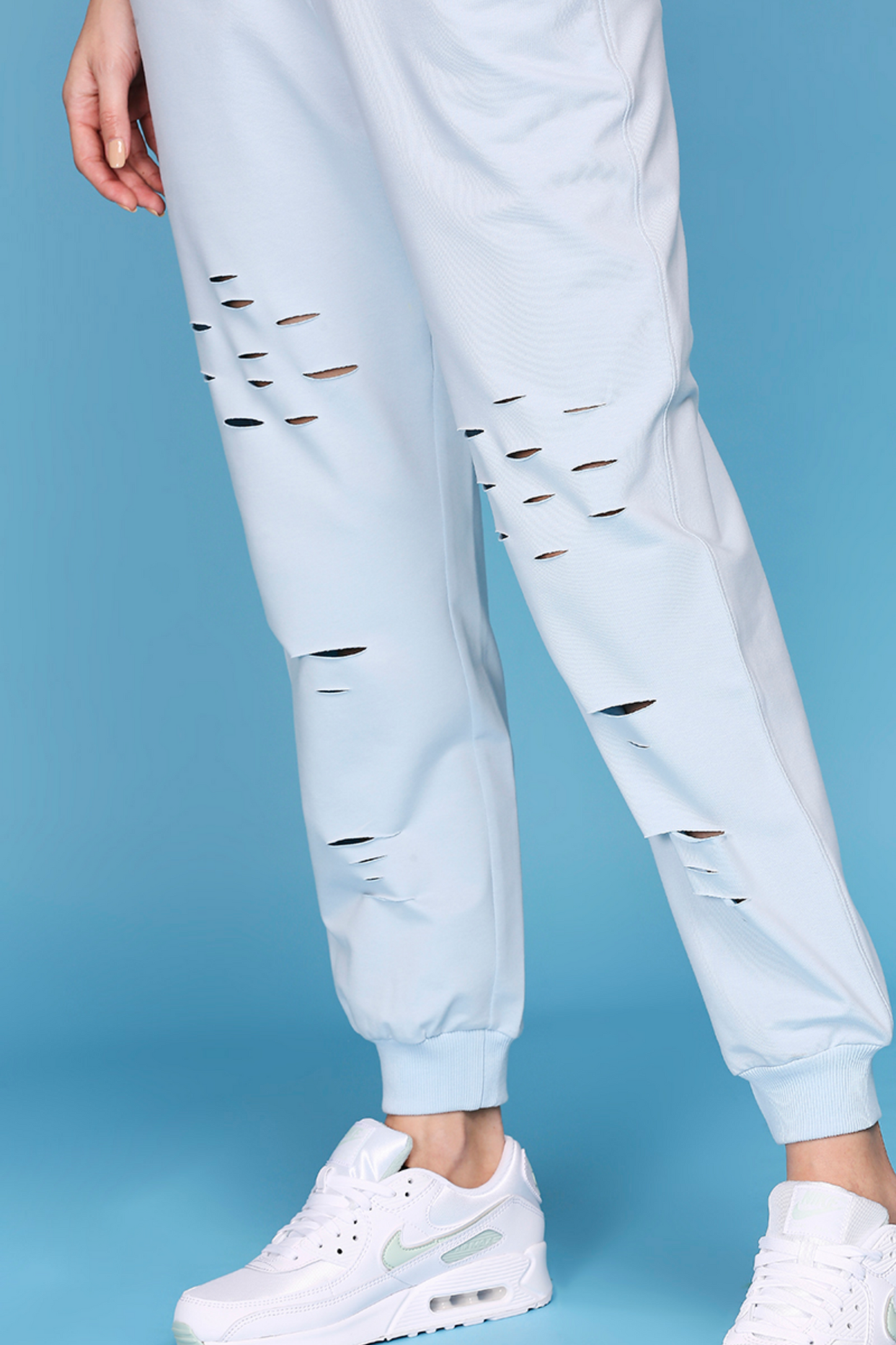 Off Shoulder White Rib/ Light Blue Ripped Joggers